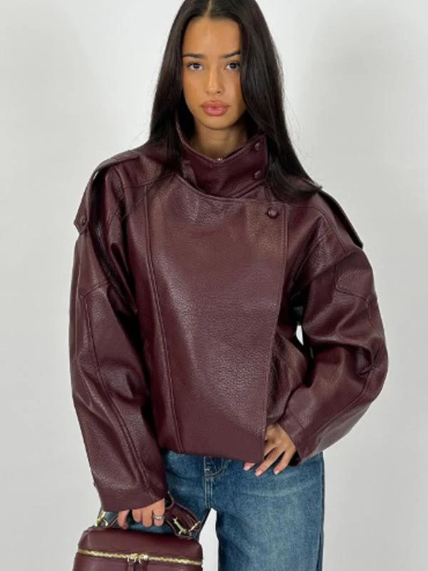 Veste en cuir asymétrique à col montant pour femmes
