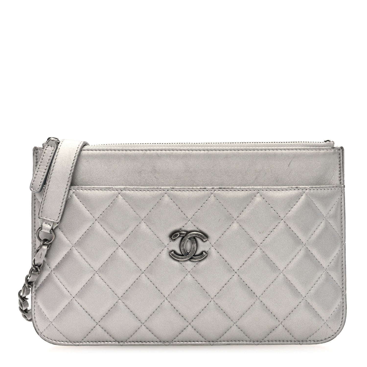Metallic Lambskin Quilted Clutch With Chain Silver