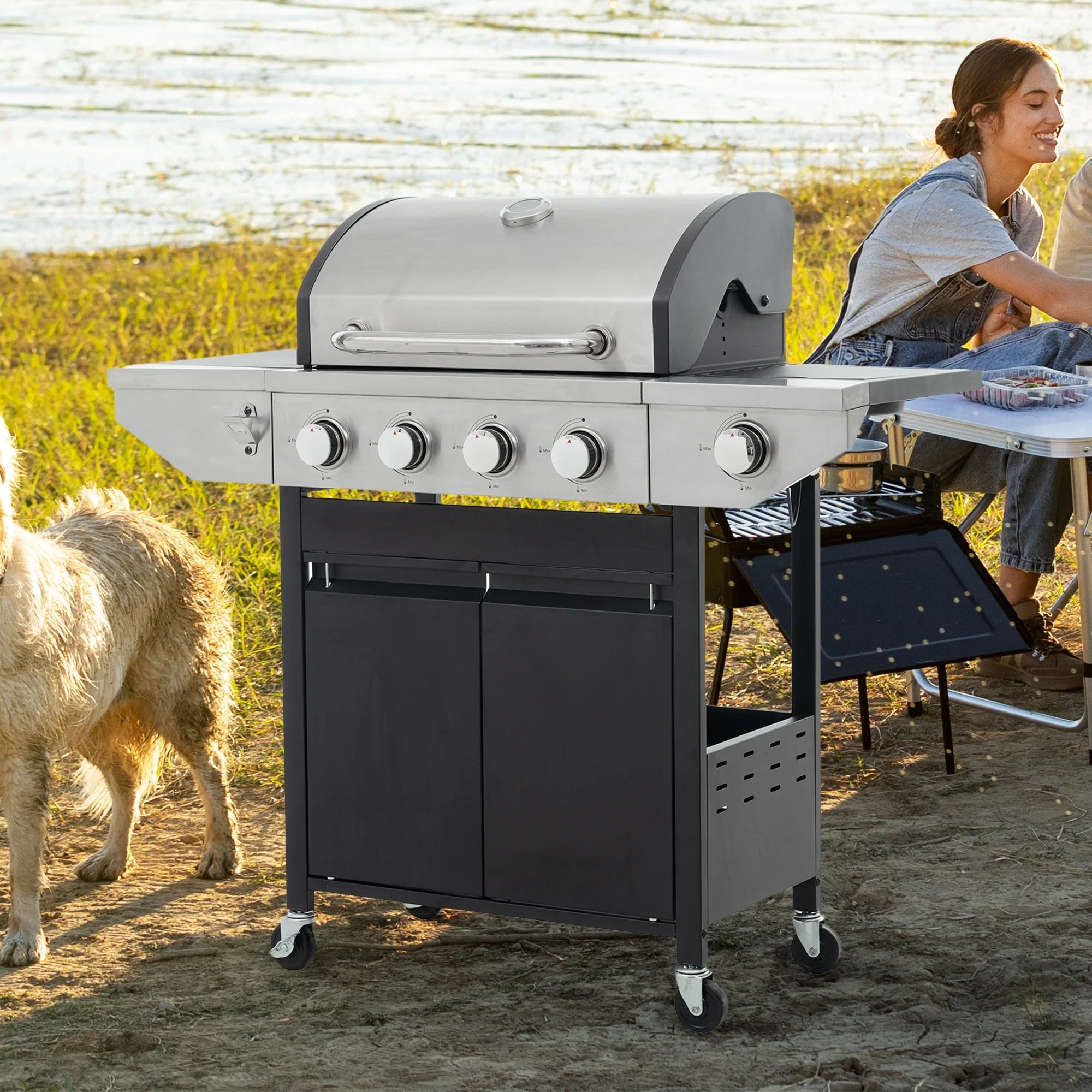 Decksplore 5 Burners Propane Gas Grill with Side Burner, Outdoor BBQ Grill Gas with Porcelain-Enameled Cast Iron Grates, Stainless Steel Camping Barbecue Grill for Patio, Garden, 47000 BTU
