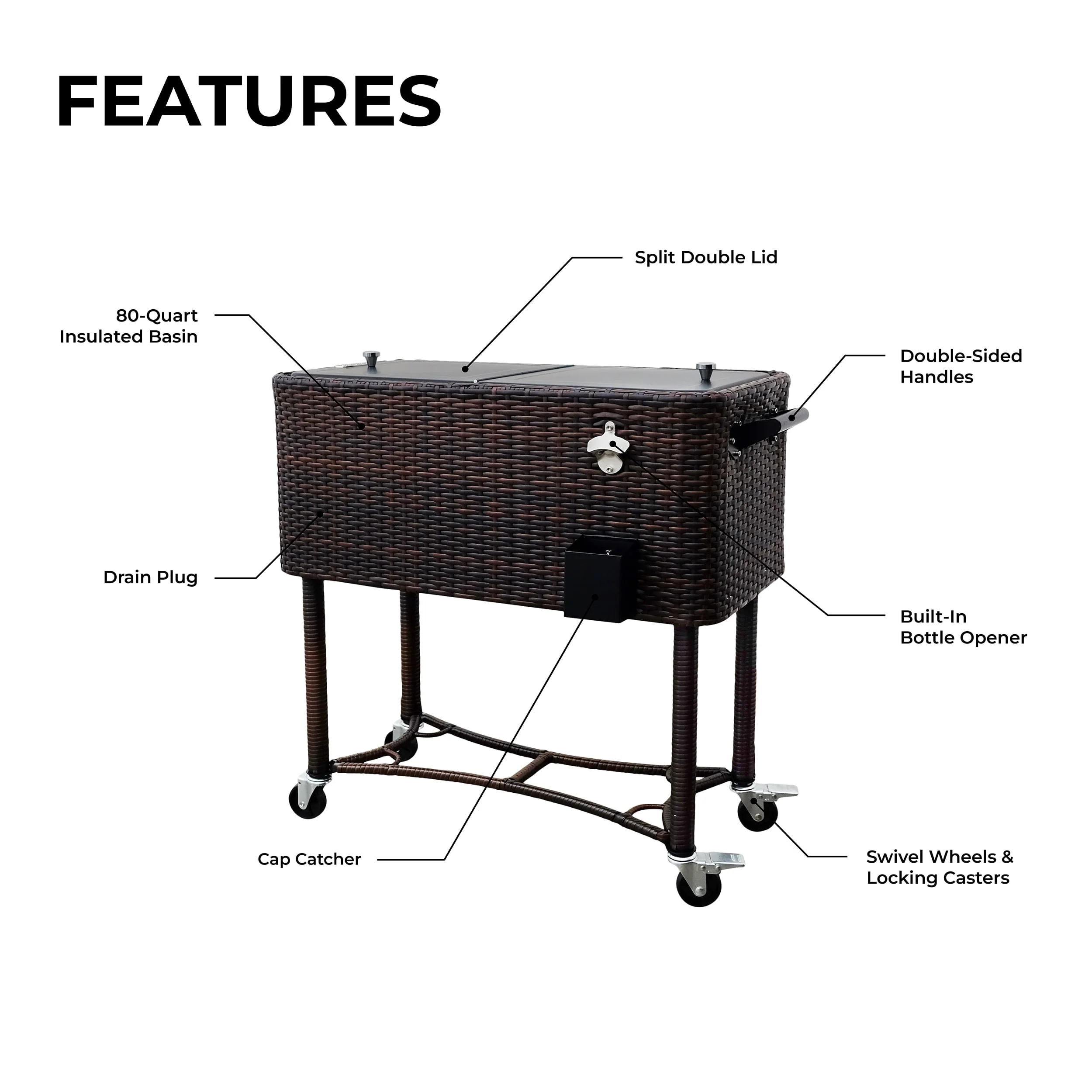 80-QT Wicker Outdoor Patio Cooler, Hand-Woven Wicker Cooler Cart, Rolling Cooler on Wheels with Handle, Brown - Image 7