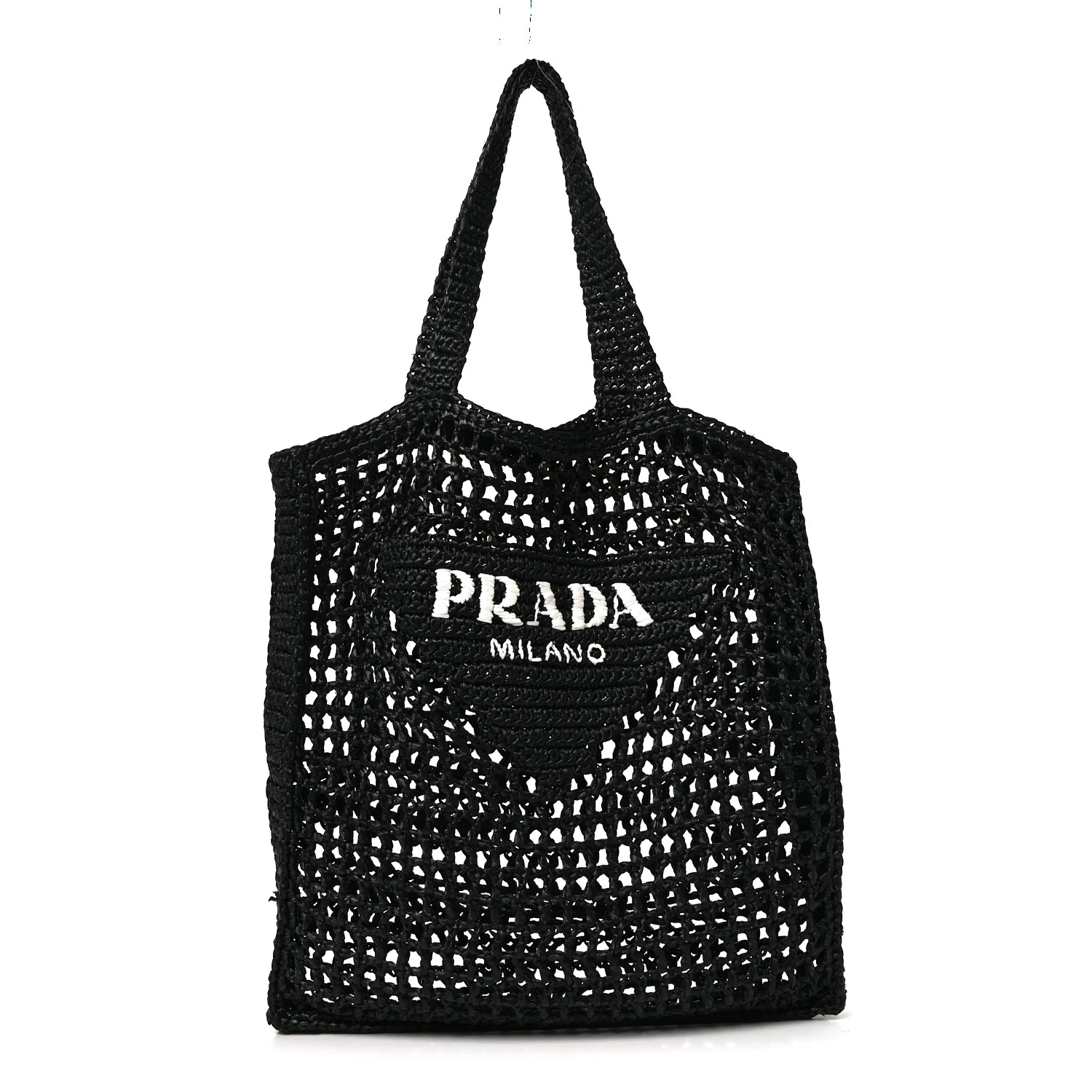 Yarn Raffia Effect Crochet Logo Embroidered Tote Bag Black