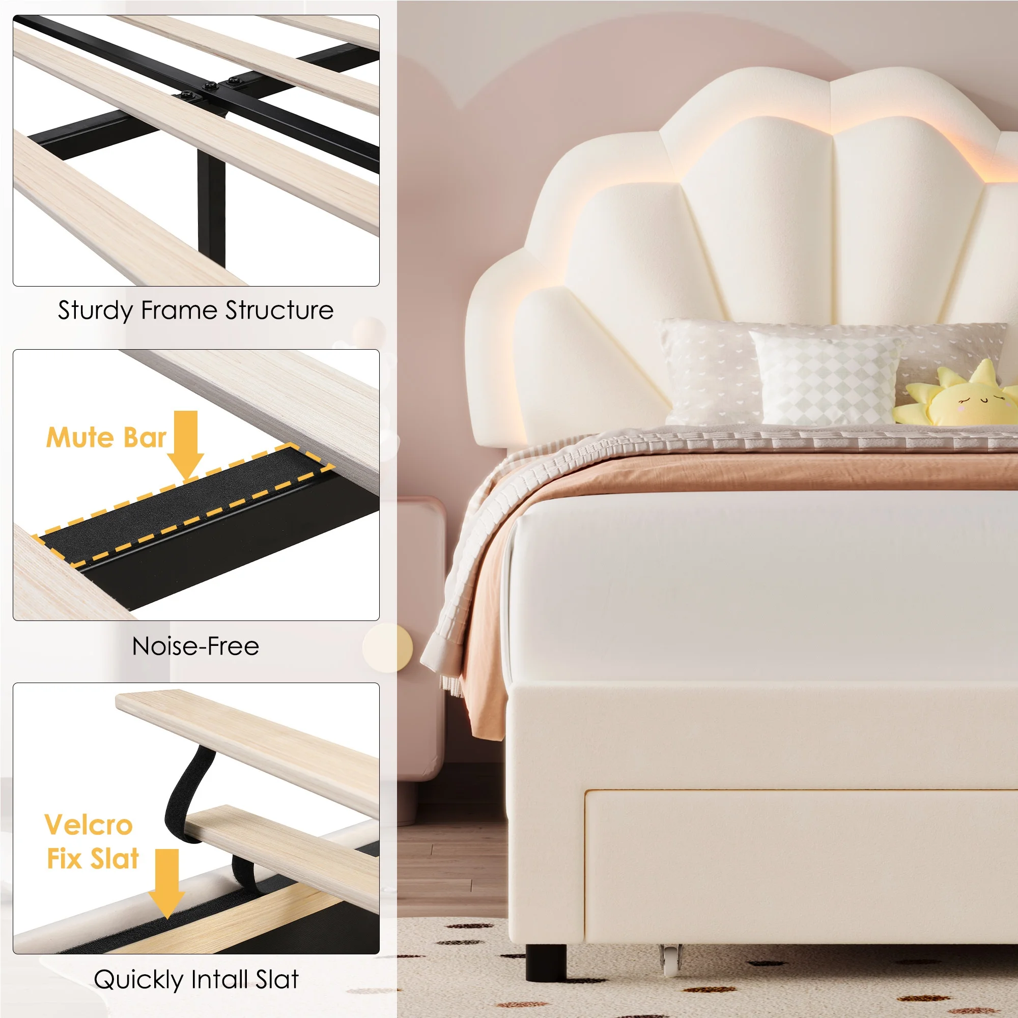 Twin Bed Frame with Storage LED Light, Velvet Upholstered Platform Twin Bed with Adjustable Petal Headboard, Beige(Twin/Beige) - Image 6