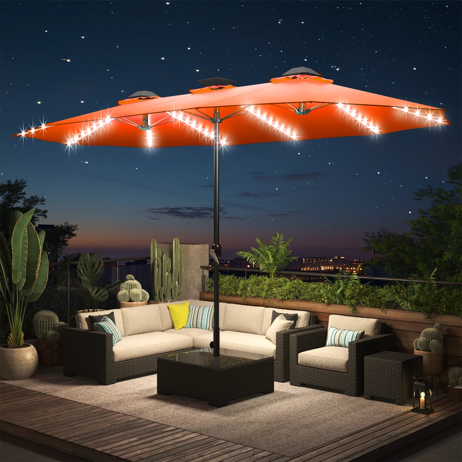 AECOJOY 15ft Patio Double-Sided Umbrella, 156 PCS Solar LED Light Outdoor Large Umbrella, Orange