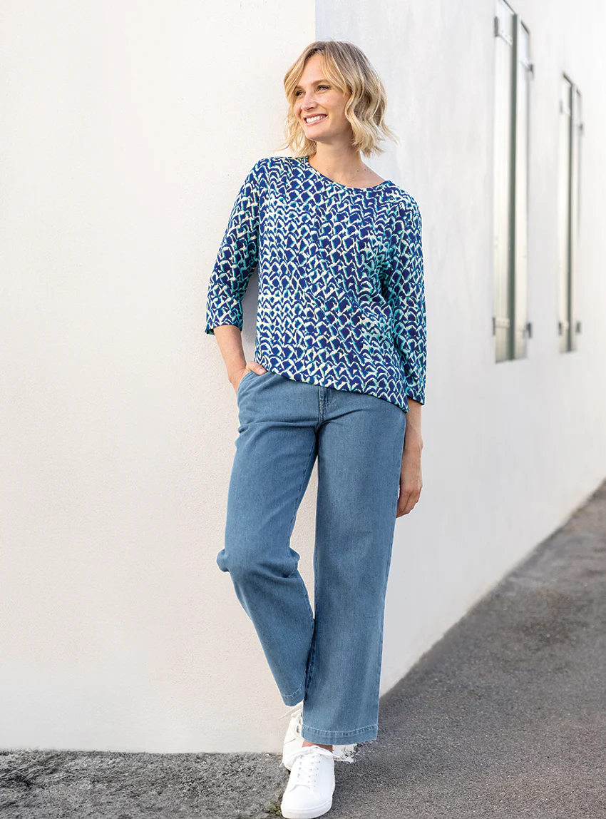 Blouse femme imprimée en viscose bleu atoll