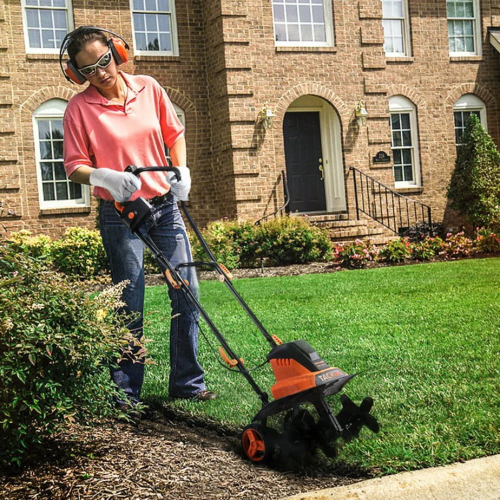 Adjustable Electric Tiller, Working 8'' Tilling Depth , Width(18''/12 5'')with Wheels,Foldable Handle and Removable Blade Black Image 7