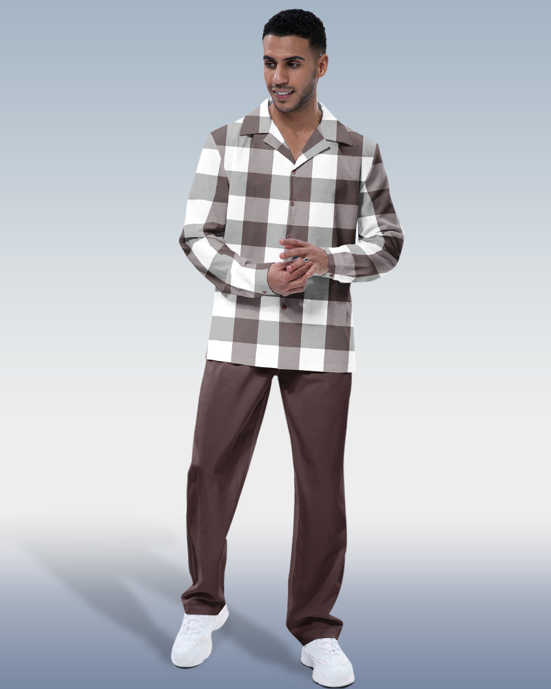 Suitmens Men's Brown Plaid Long Sleeve Walking Suit