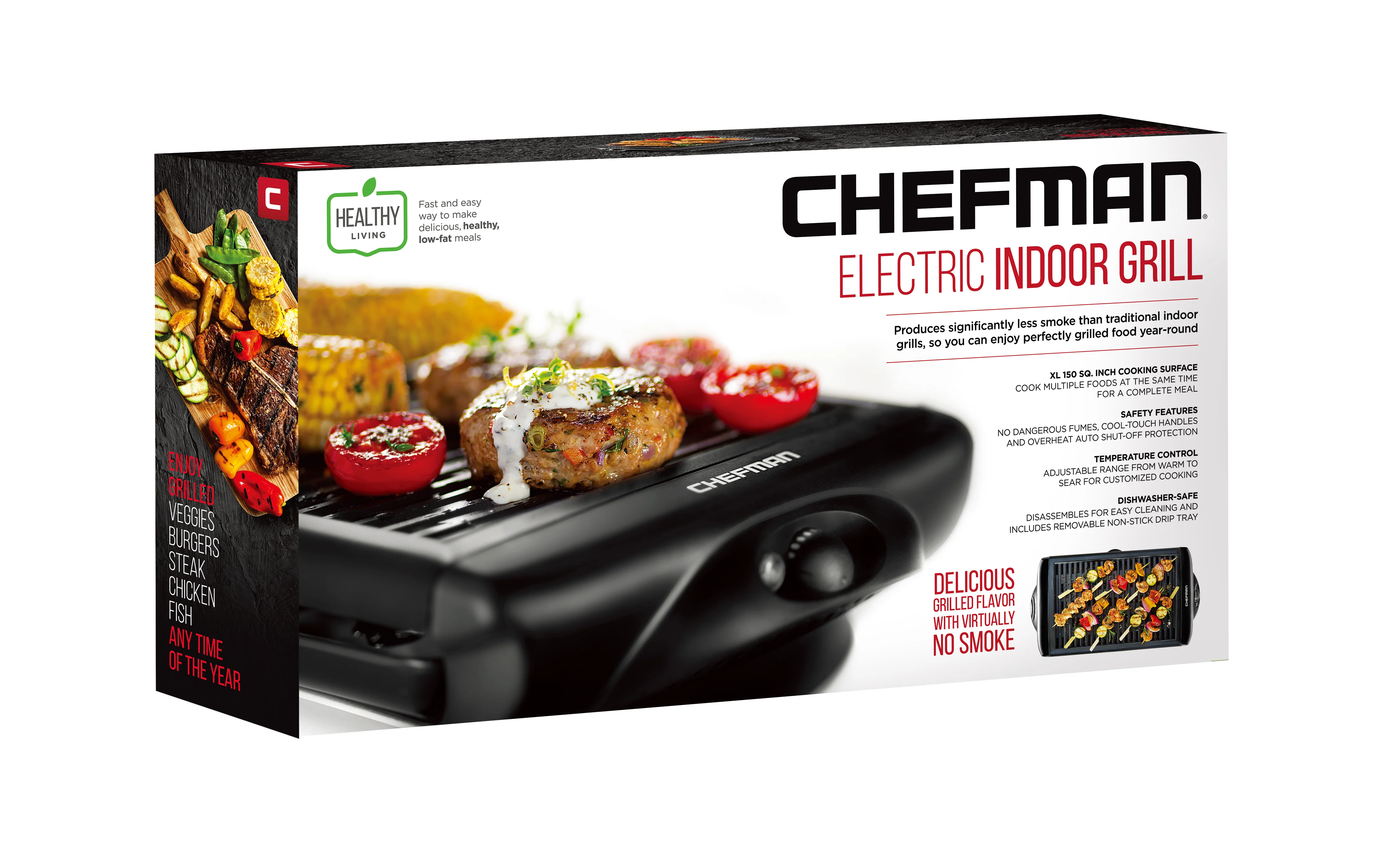 Electric Smokeless Indoor Grill with Non-Stick Cooking Surface and Adjustable Temperature Knob from Warm to Sear for Customized Grilling, Dishwasher Safe Removable Drip Tray, Black