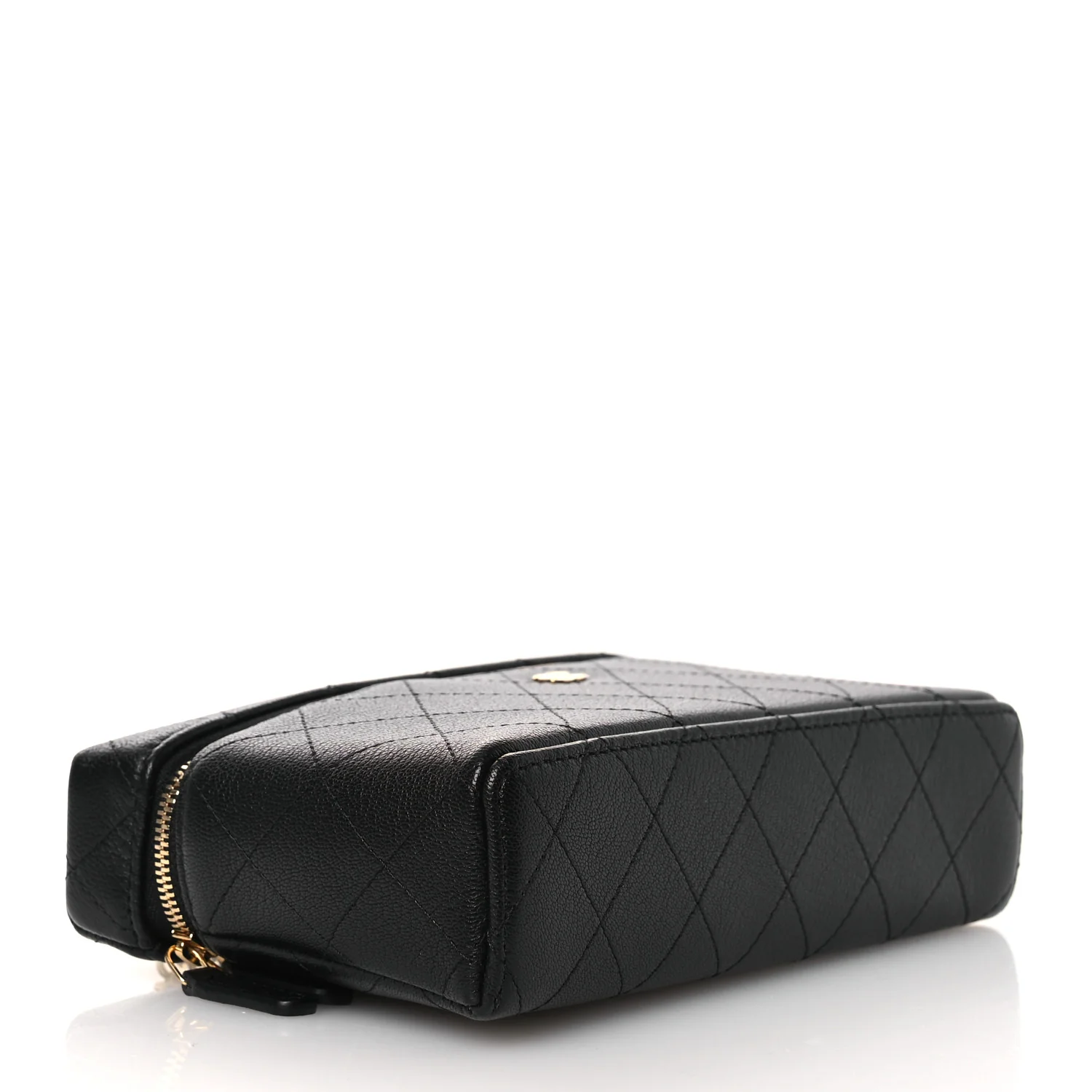 Goatskin Stitched Top Handle Slim Vanity With Chain Black