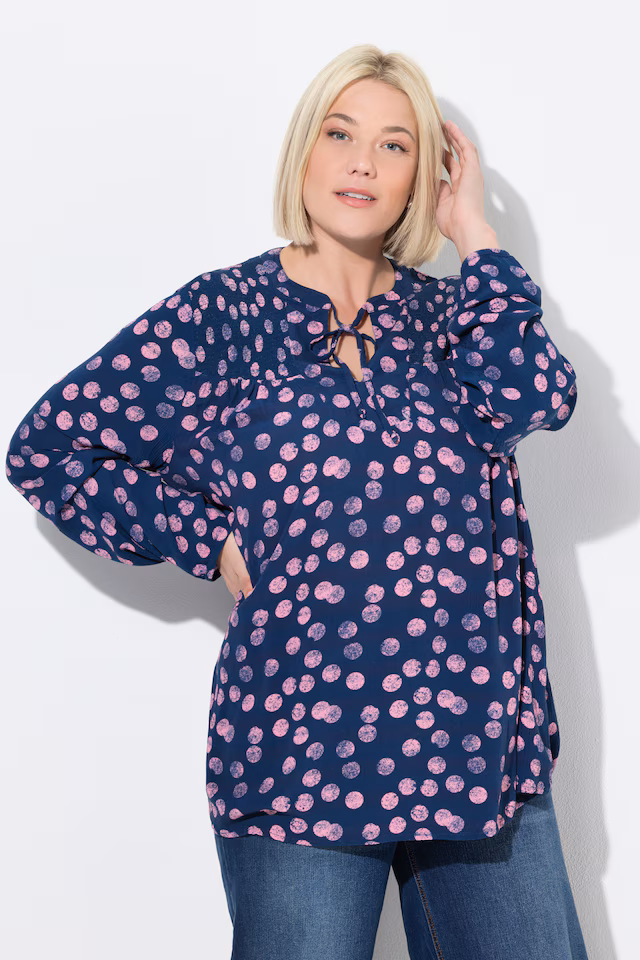 Smocked Long Sleeve Polka Dot Blouse
