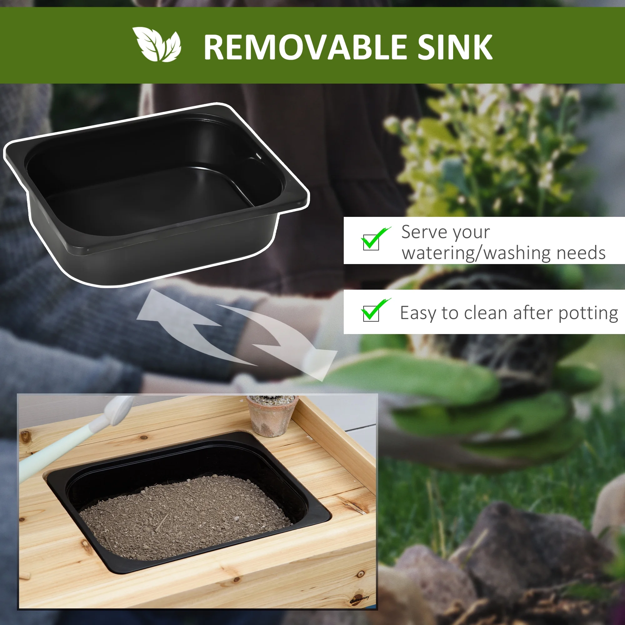 Potting Bench Table, Garden Work Bench, Workstation with Metal Sieve Screen, Removable Sink, Additional Hooks and Baskets for Patio, Courtyards, Balcony, Natural(Natural wood finish) - Image 4