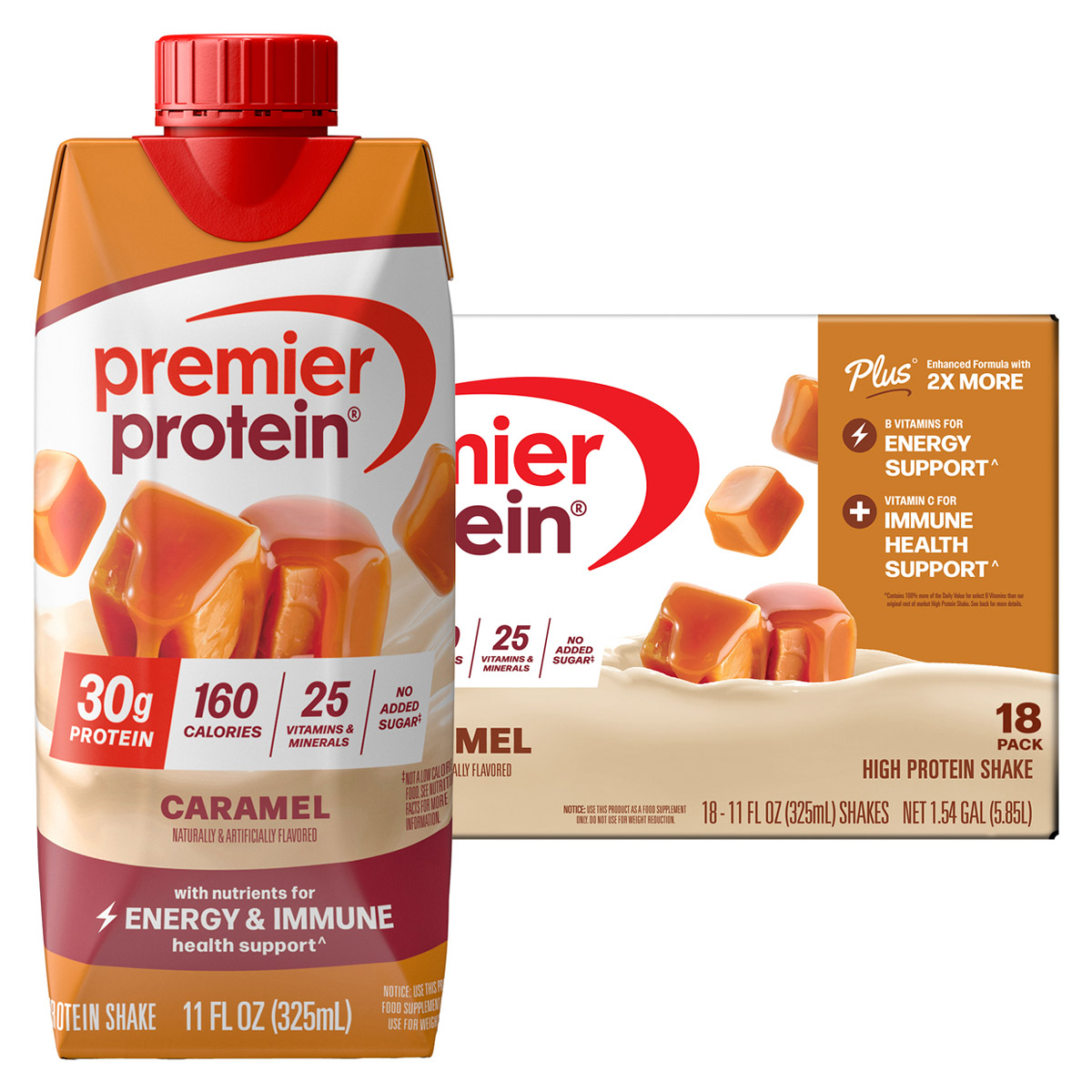 Premier 30g Protein PLUS Energy and Immune Support Shakes, Caramel, 11 Fl Oz, 18 - Pack