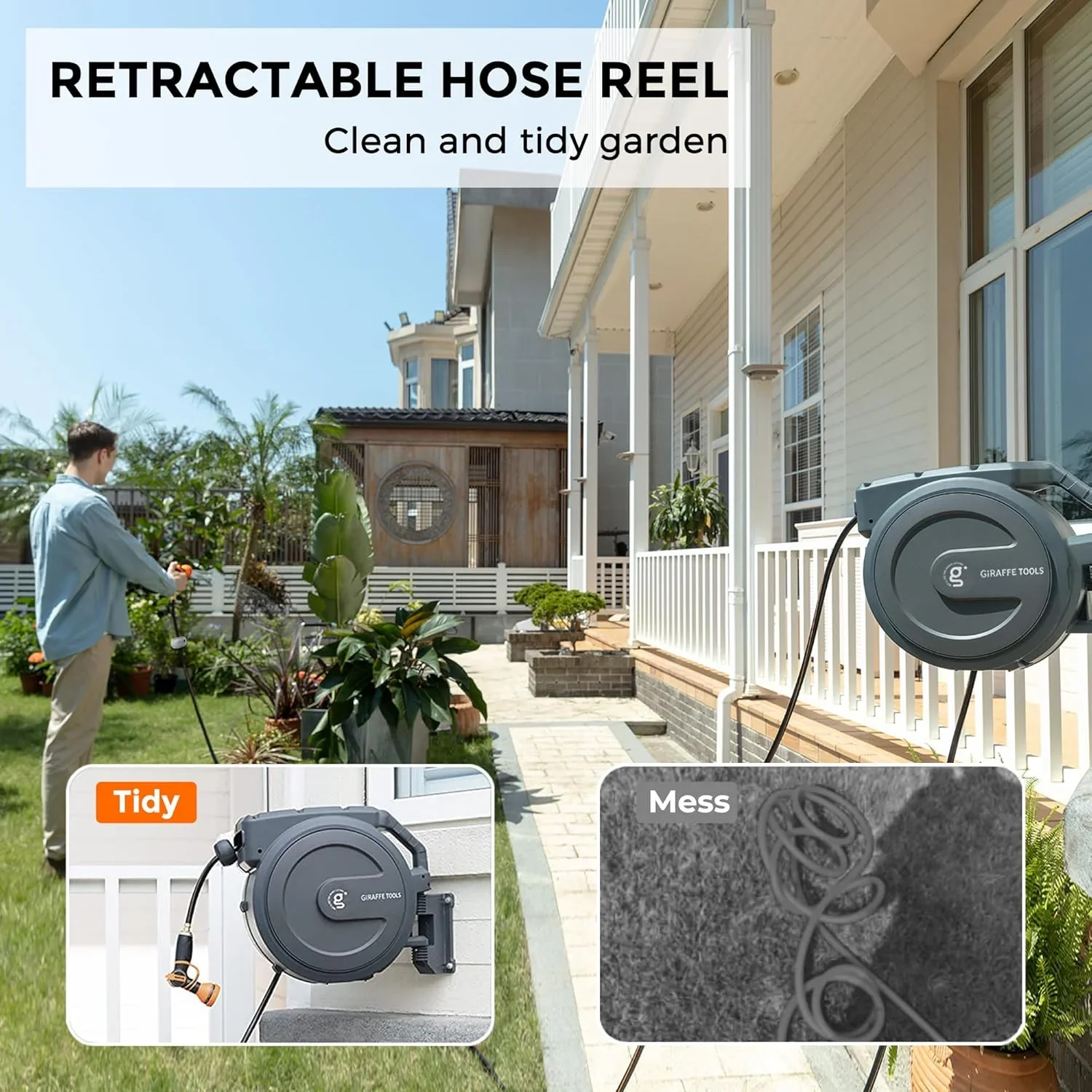 Giraffe Tools Retractable Garden Hose Reel with 1/2in-78ft Hose, Metal Bracket, Wall Mounted, Dark Grey