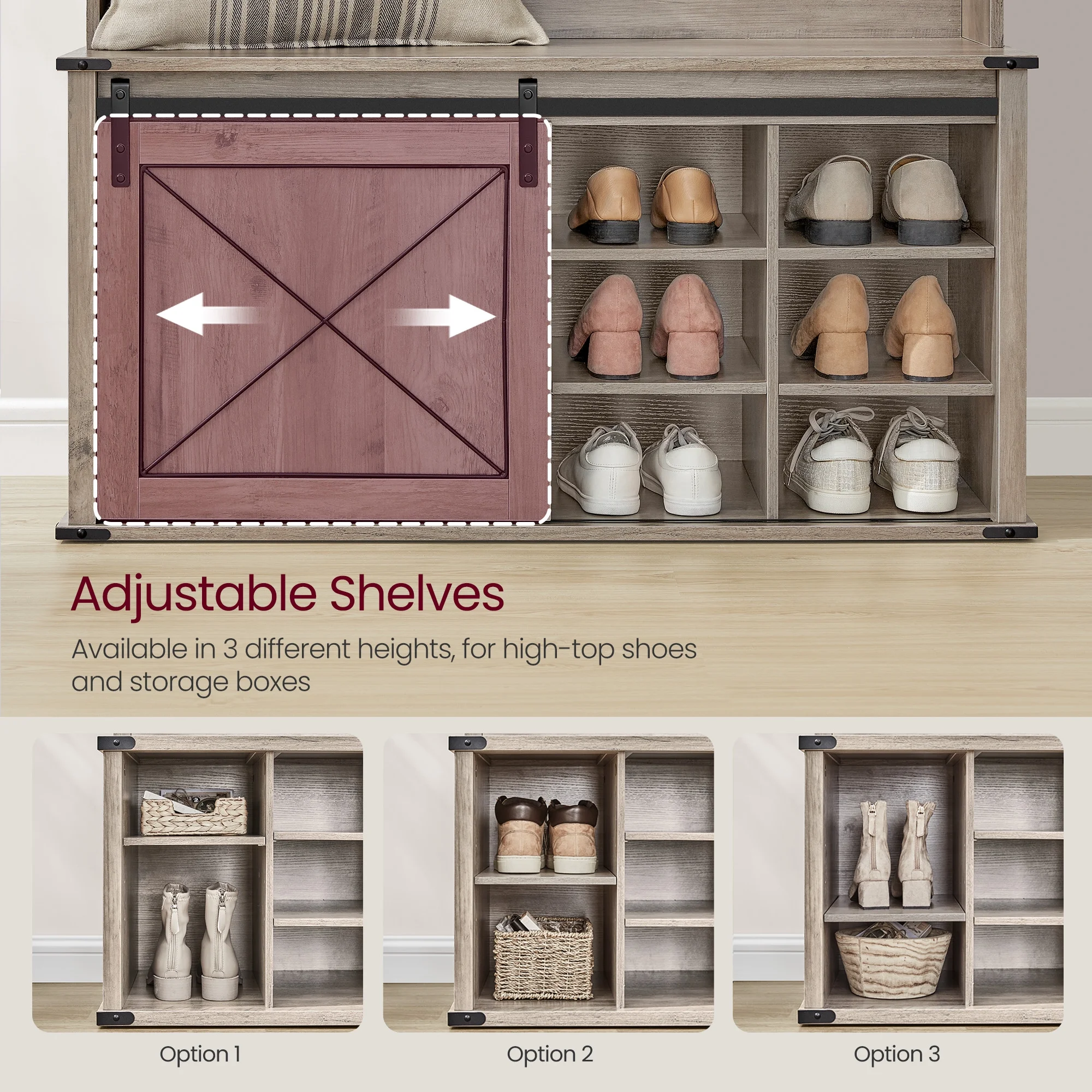 Hall Tree, Coat Rack with Shoe Bench, Entryway Furniture, Tri - Hooks, Rustic White and Honey Brown