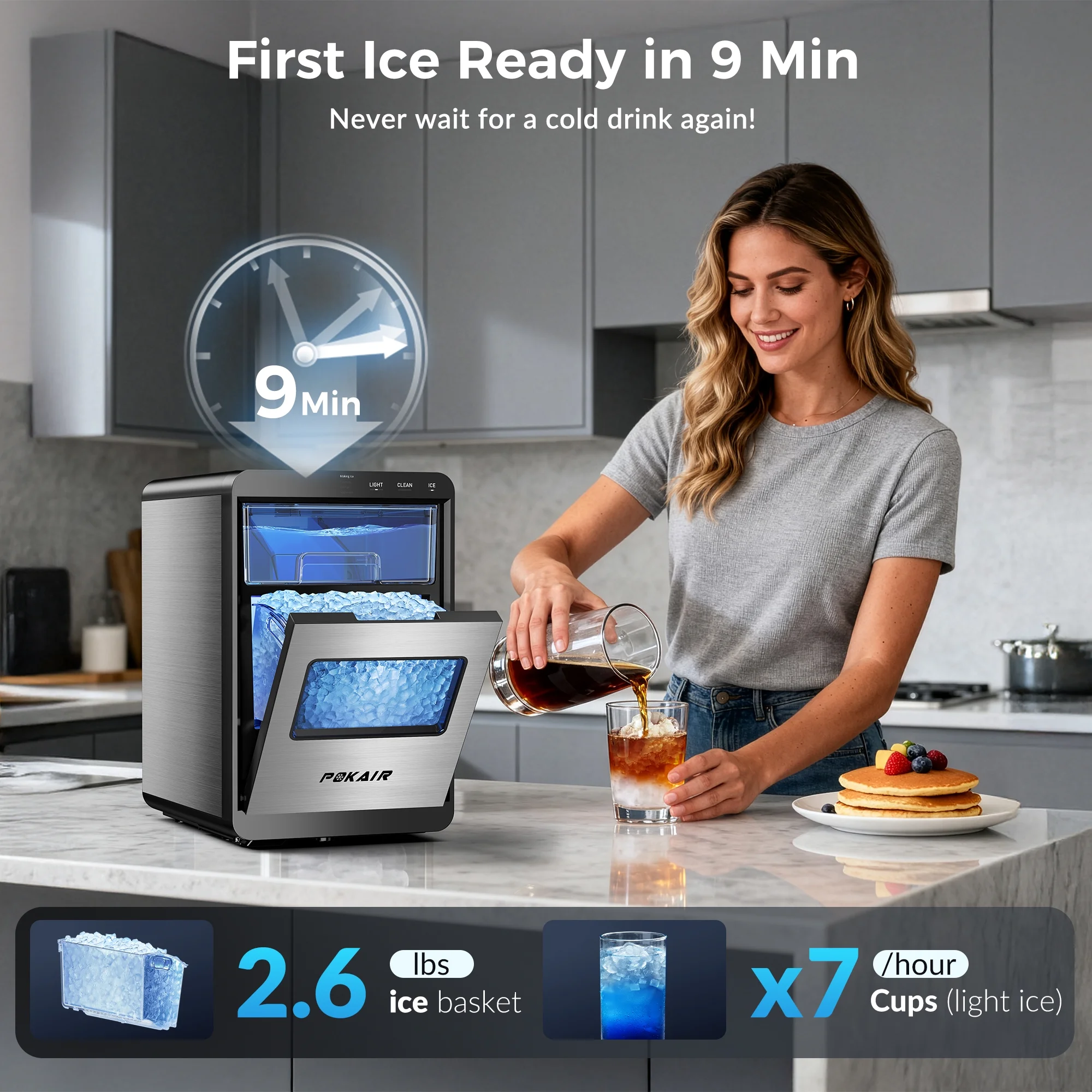 Ice Maker, Nugget Ice Maker Portable Countertop 44lbs/Day, One Touch Instant Ice Self Cleaning, Pebble Ice Machine for Home Office RV, Stainless Steel Image 3