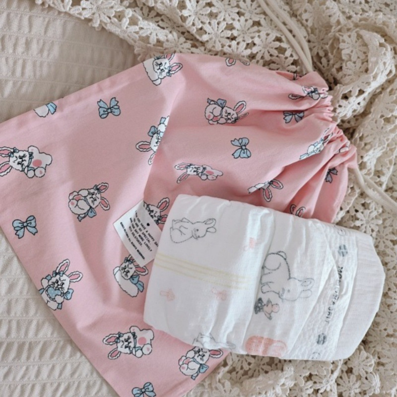 Cute Rabbit Print Baby Diaper Bag Soft Cotton Drawstring Pouch Reusable Travel Storage Bag for Newborn Diapers