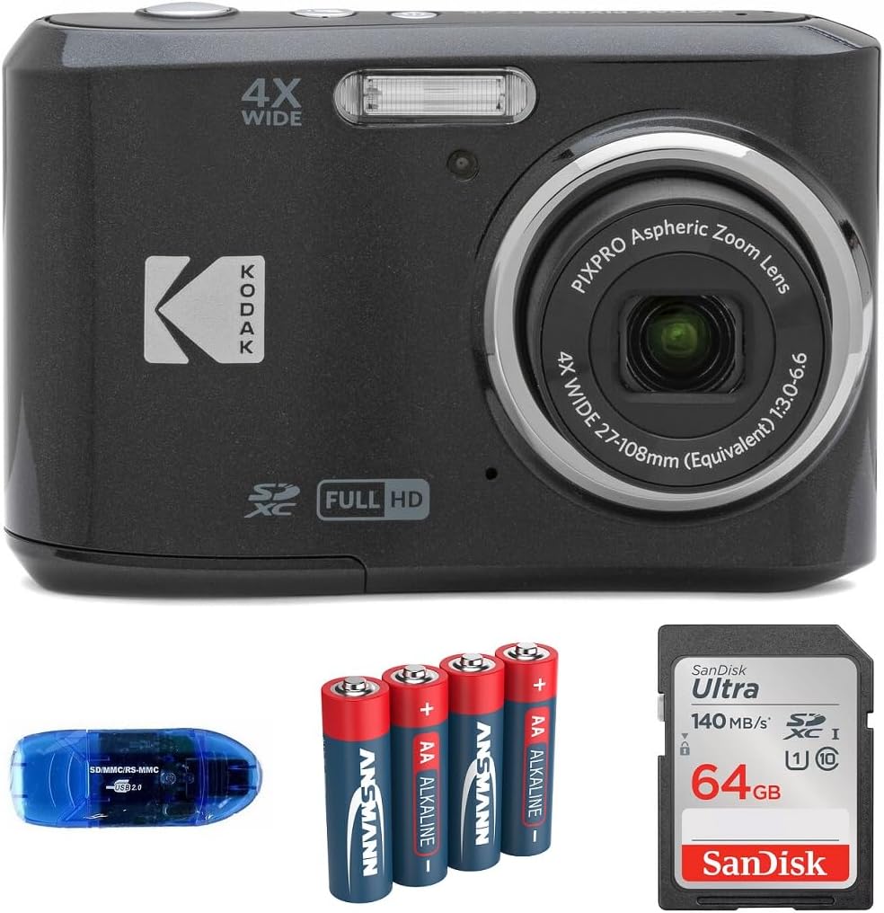 KODAK Pixpro FZ45 Digital Camera Bundle  Includes: SanDisk 64GB SDXC Memory Card  Spare Batteries and Card Reader (4 Items) (Black)
