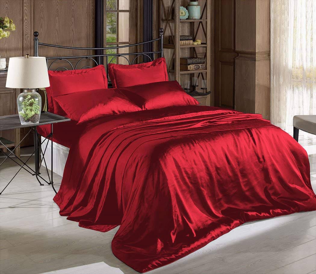 Hight Thread Count Solid Color Soft Silky Charmeuse Satin Luxury and Super Soft Bed Sheet Set or Pillowcase (Red, King)