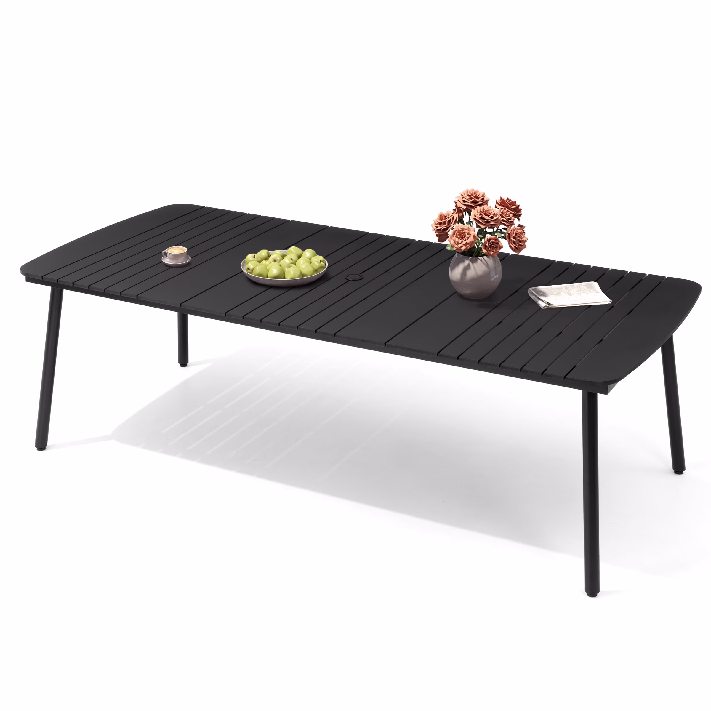 93" Outdoor Dining Table for 8–10 People, Patio Rectangle Table with Wood Like Tabletop and Umbrella Hole, Aluminum Frame for Garden, Lawn, or Backyard, Brown(92 9" x 42 1“ x 29 1“/Brown) Image 3