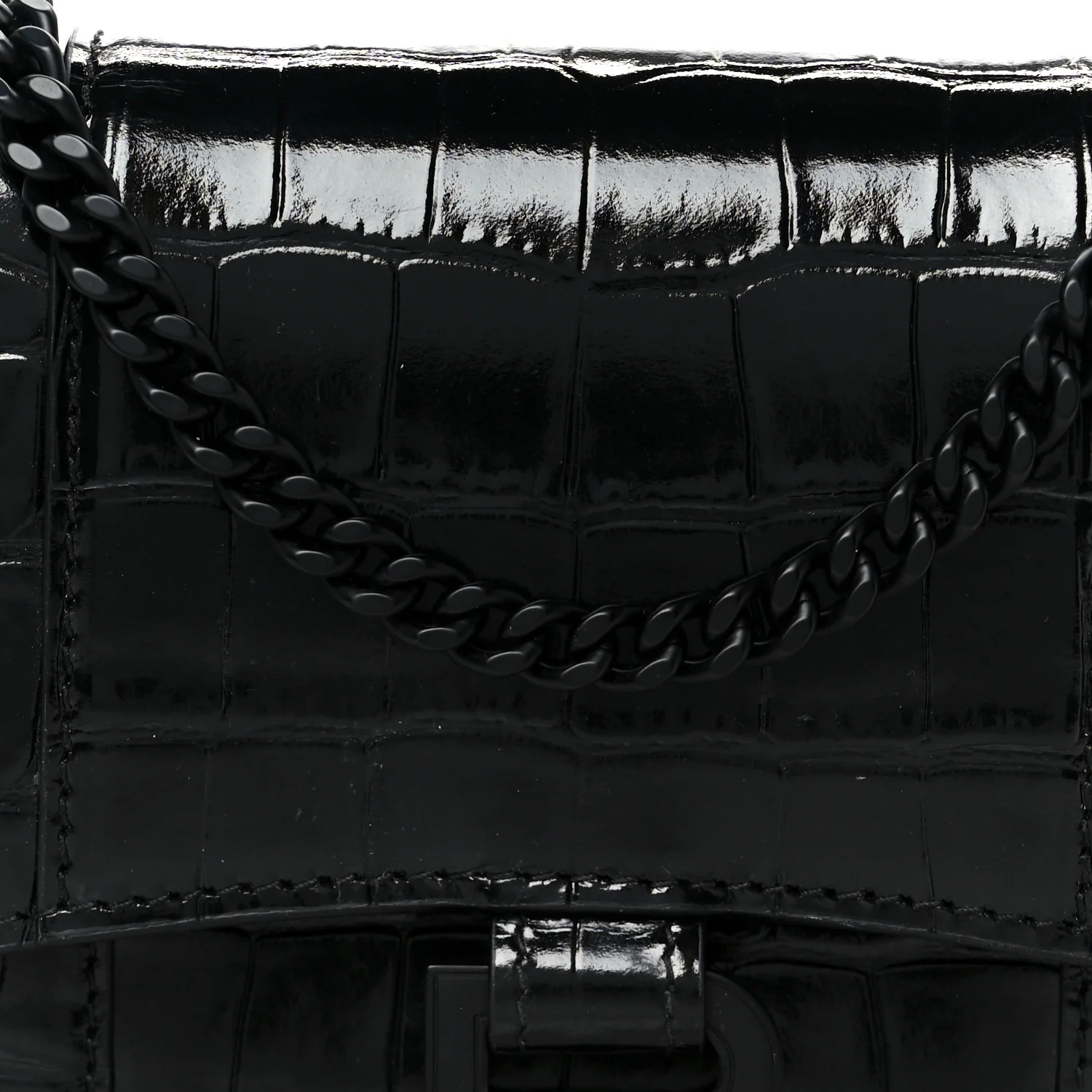 Shiny Calfskin Monochrome Crocodile Embossed Hourglass Chain Bag Black