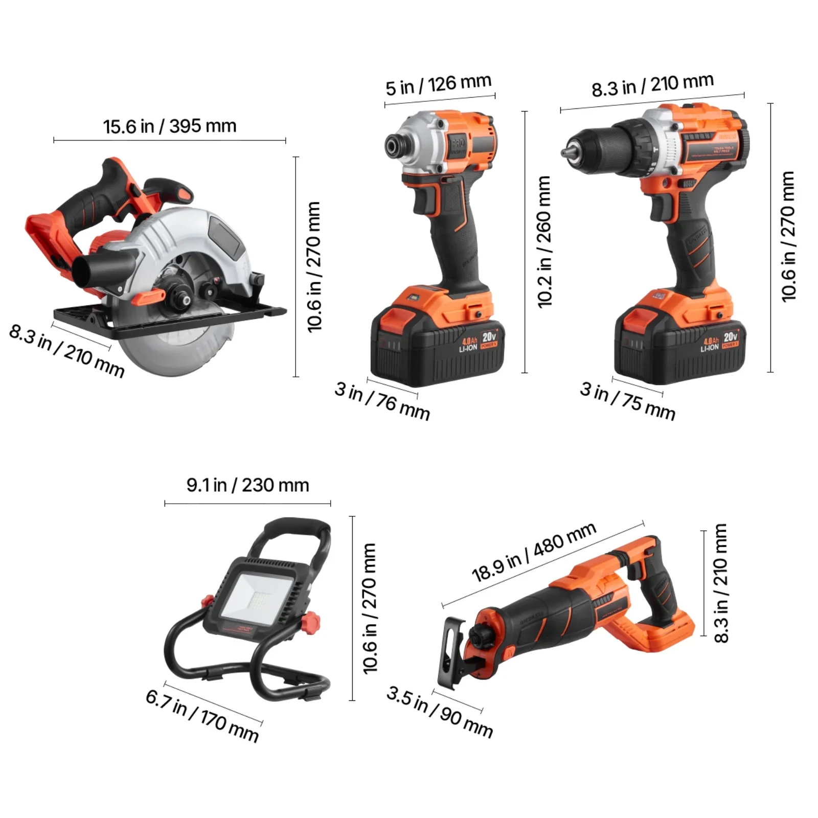 KFFKFF  Equipment Set, 20V Brushless 5-Piece Set, Wireless Power Equipment Set, Wireless Drill and Impact Driver, inclusive of 4.0 Ah Batteries, Charging Device, Reciprocal Saw, Round Saw
