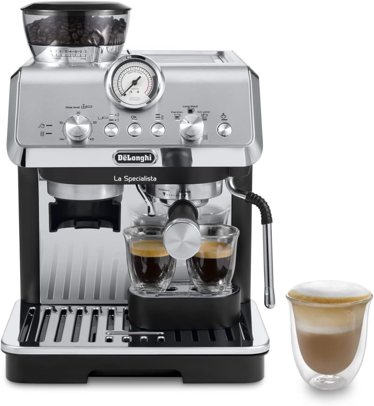 De'Longhi La Specialista Arte EC9155. MB Machine met zeven dragers, espressomachine met molen, 8 malingen, 15 bar, 3 temperaturen, melkopschuimmondstuk, 1300 W, tank van 1,5 l, roestvrij staal/zwart incl. barista-kit