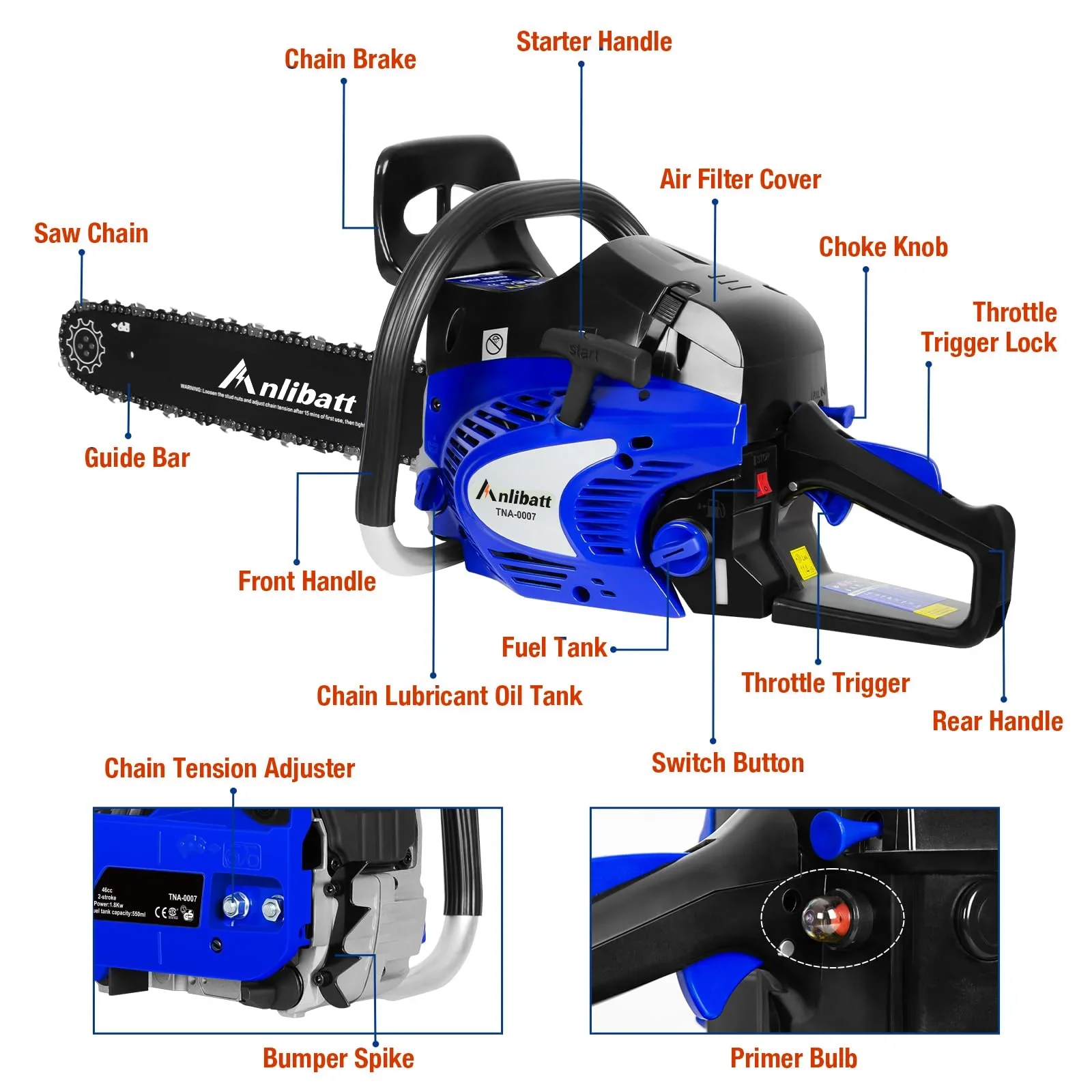 ANLIBATT Gas Chainsaw 18 46cc 2.4HP 2-Cycle Gasonline Powered Handheld Cordless Chain Saw Petrol Automatic Oiler for Farm Garden Trees Wood Cutting