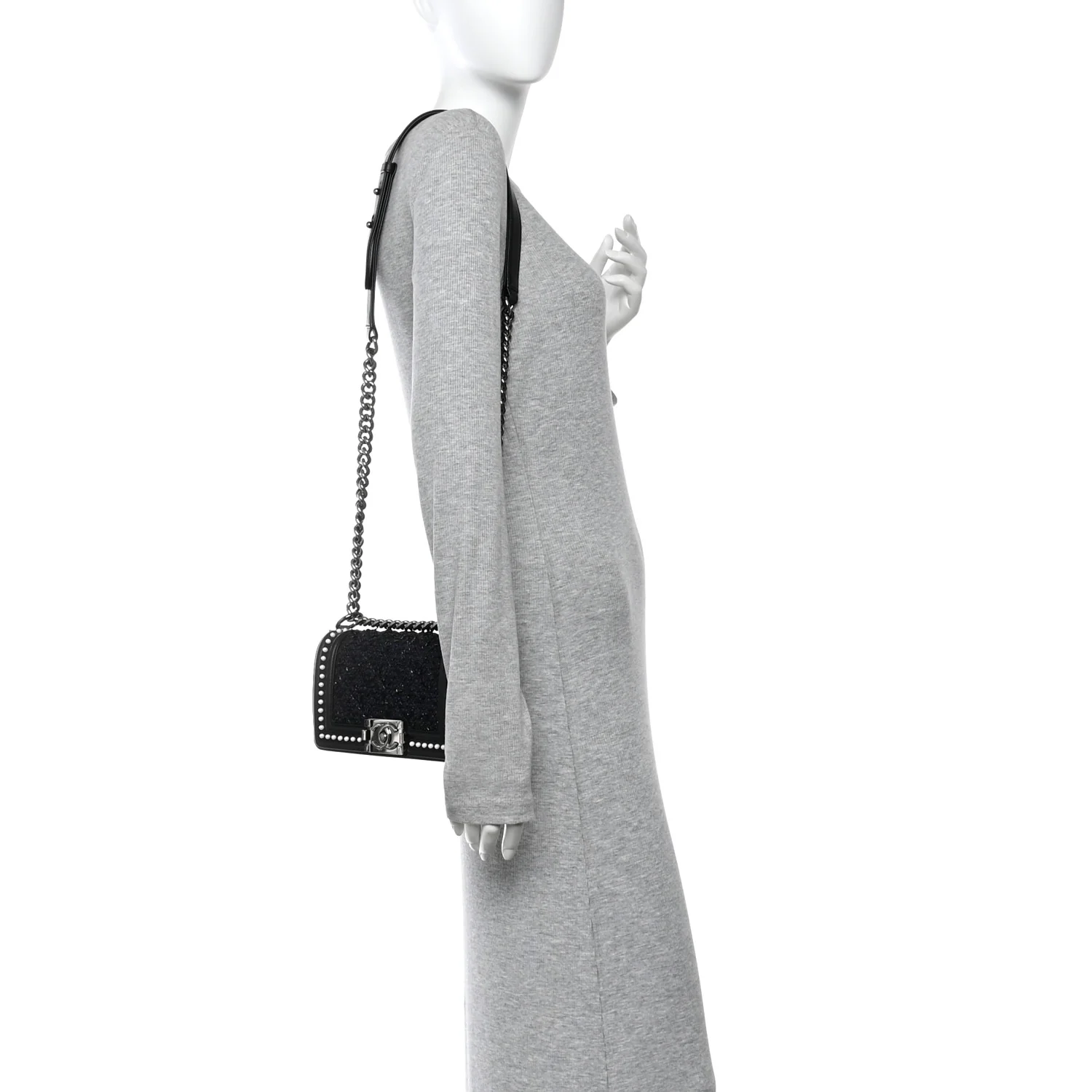 Calfskin Pearl Tweed Small Boy Flap Black