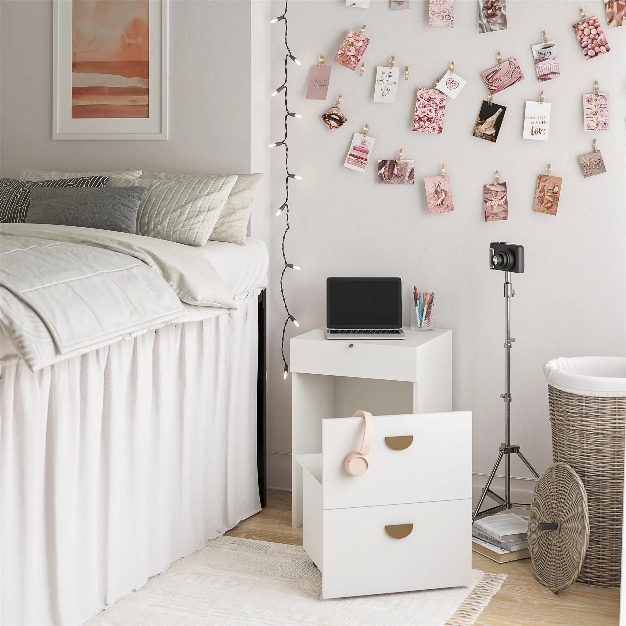 Ameriwood Home Compact 3 - in - 1 Vanity Set, Makeup Storage Desk & Stool, Mirror W/ LED Lights & USB Charging Station, White