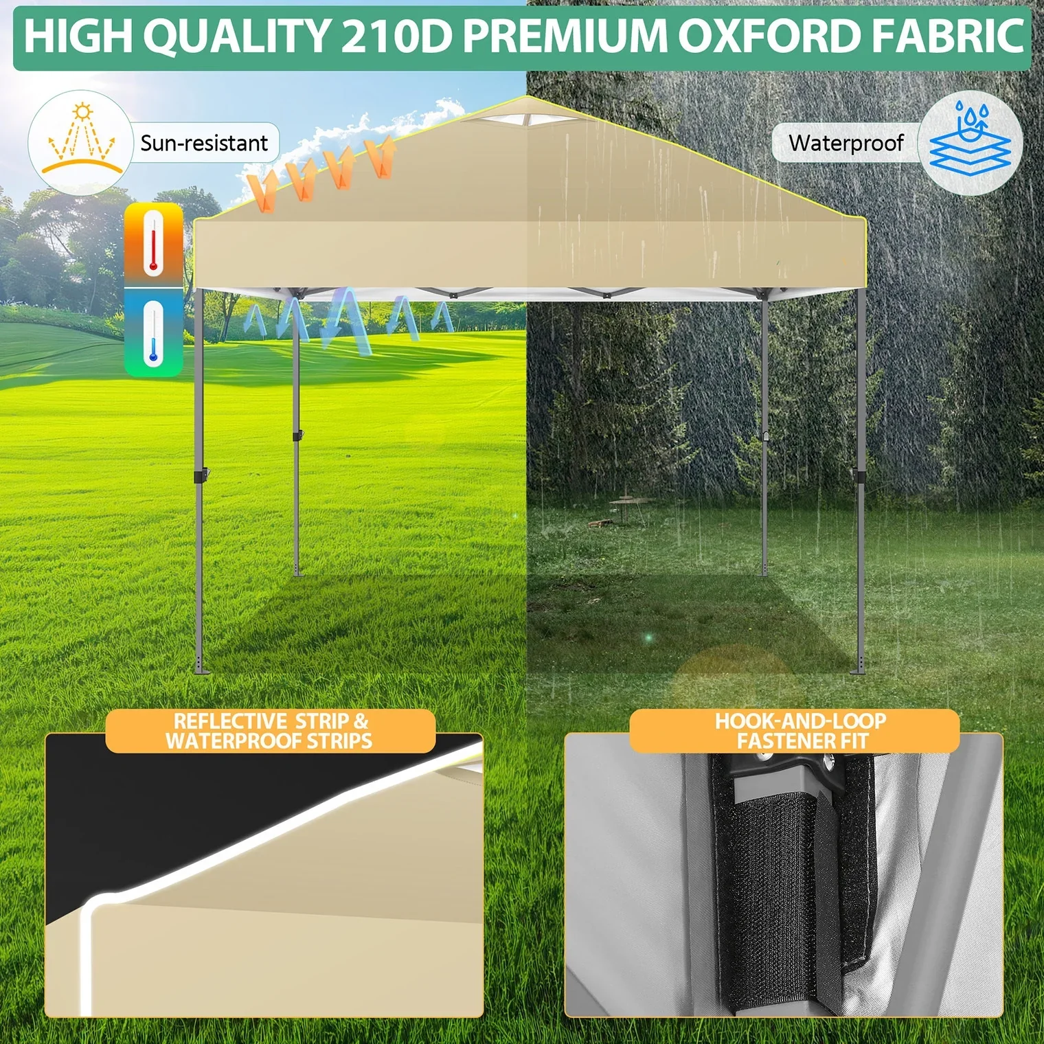 COBIZI 10x10 Pop up Canopy Tent Easy up Outdoor Canopy Instant Portable Waterproof Party Canopy Tent for Summer Beach Garden Party Camping Outside with Air Vent,Reflective Strip,4 Sandbags,Khaki