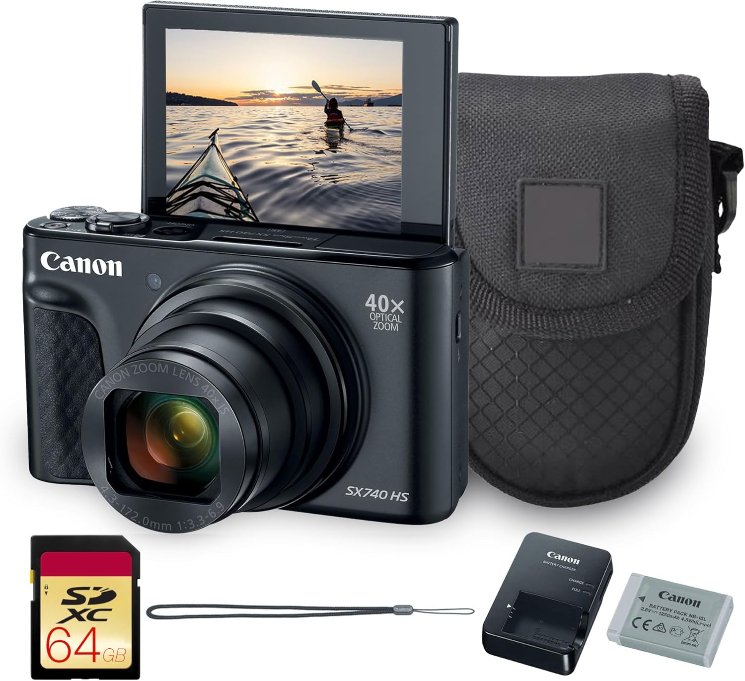 Canon PowerShot SX740 HS Digital Camera | 20.3MP CMOS Sensor  40x Optical Zoom  4K UHD Video  Wi-Fi & Bluetooth | Compact Point-and-Shoot Camera with Bag and 64GB Card