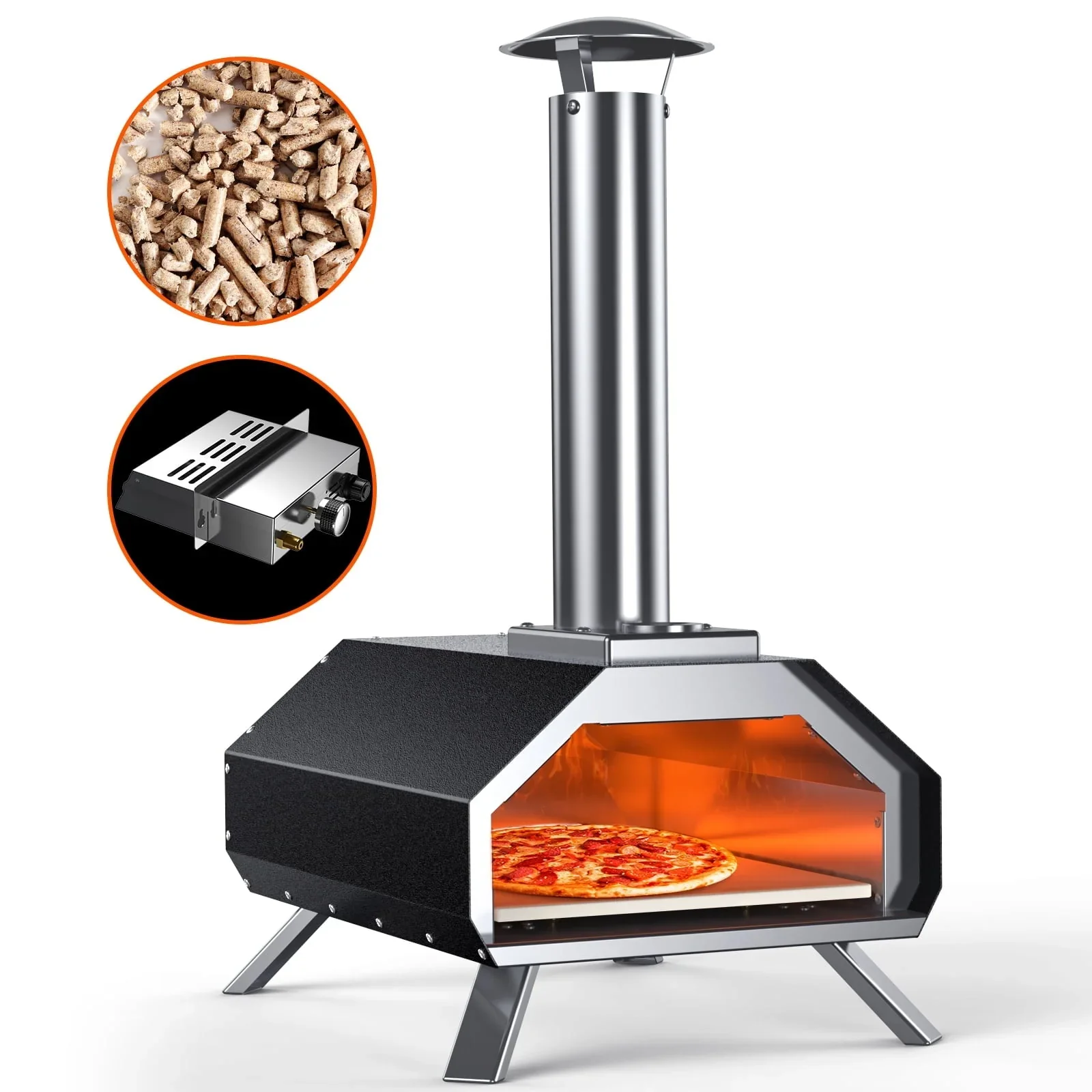 KingChii Multi-Fuel Pizza Oven with Gas Burner, Portable 13 Wood Fired and Gas Powered Pizza Maker with Foldable Legs for Outdoor Patio Garden