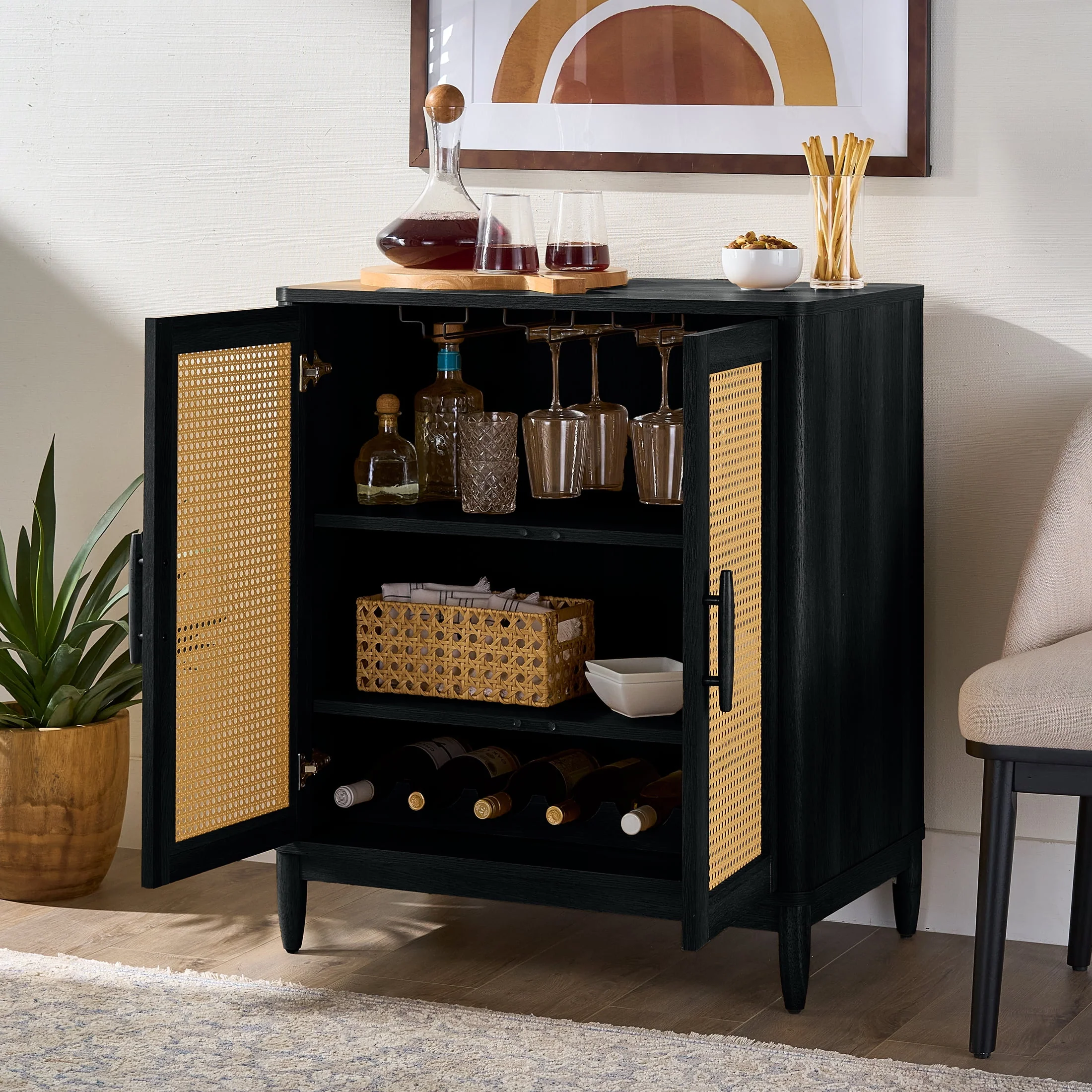 Better Homes & Gardens Springwood Caning Bar Cabinet, Light Honey Finish