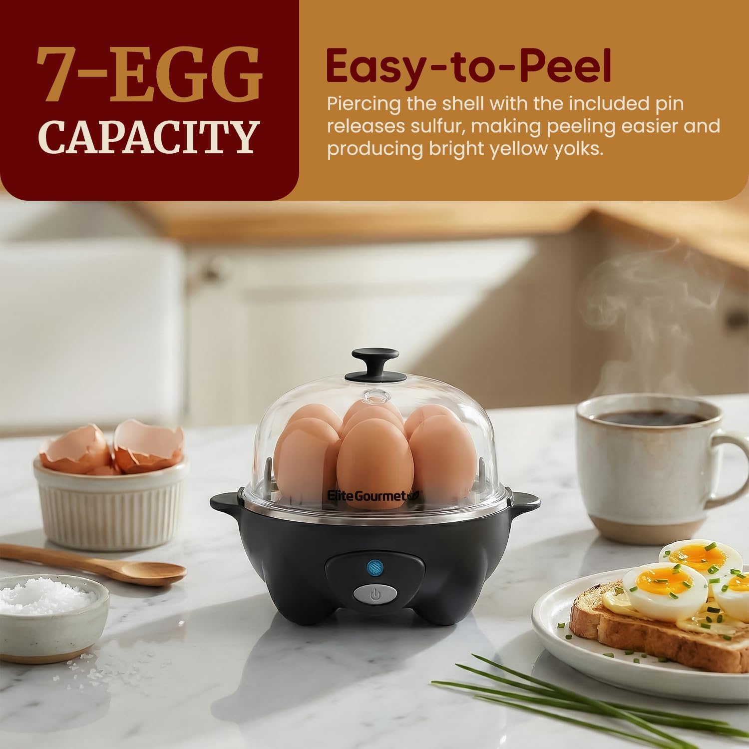Elite Gourmet EGC-007B Rapid Egg Cooker, 7-Egg Poacher/Omelet Maker, Black |   Easy-to-peel hard, medium, or soft-boiled eggs - automatic shut-off, alarm, 16-recipe booklet included