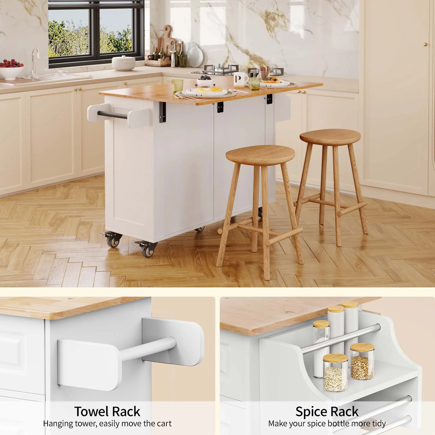 52-Inch Kitchen Island with Storage on Wheels with Wood Drop Leaf, Ideal for Small Kitchens(White) - Image 6