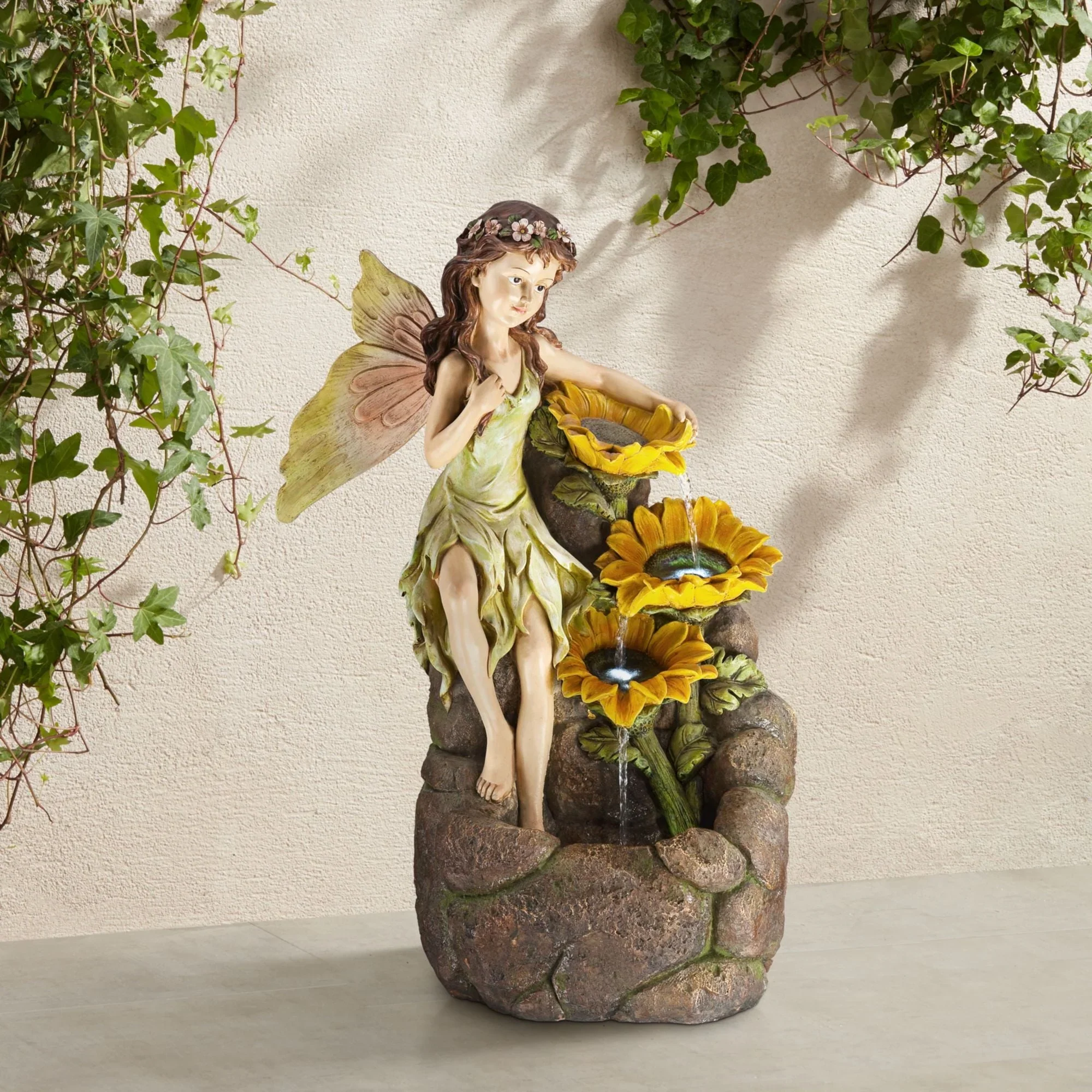 John Timberland Garden Fairy with Sunflowers Modern Cascading Outdoor Floor Water Fountain with LED Light 26 for Yard Garden Patio Home Deck Porch