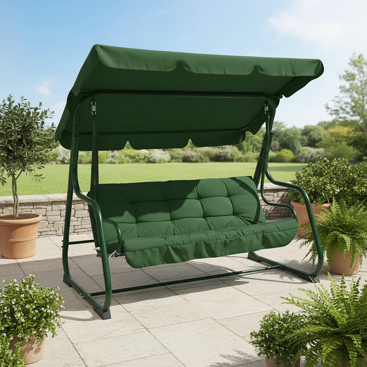 VESTIAMO CASA GIARDINO - Dondolo Reclinabile 3 Posti Verde con Struttura in Acciaio Verde - h164x200x120 cm
