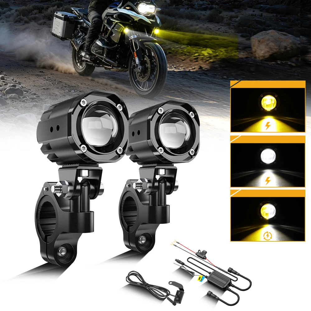 2 Inch Mini Dual-Color Motorcycle LED Spotlight, 120W MT1 Series Dual Color Switchback LED Auxiliary Light 3+3 Light Modes for Motorcycle SUV ATV Trucks | 2PCS/Set