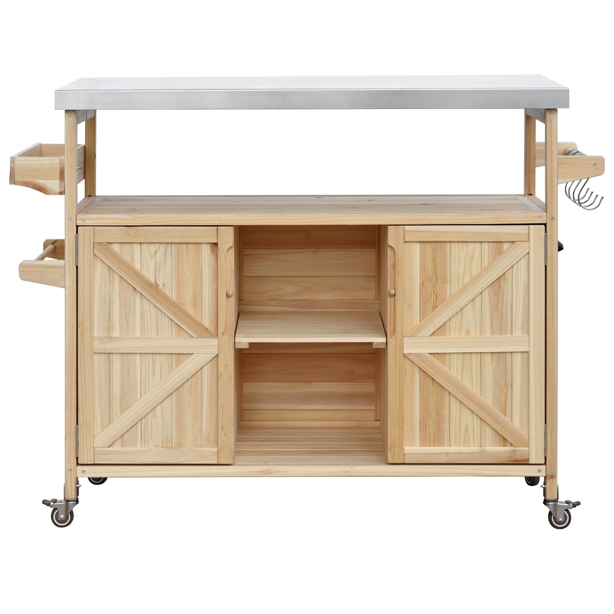 Outdoor Serving Cart Kitchen Island Solid Wood Mobile Rolling Bar Cart with Lockable Wheels, Rack and Stainless Steel Top Beverage Storage Counter Table with Cabinet for Patio, Natural(Natural/Style 1) - Image 10