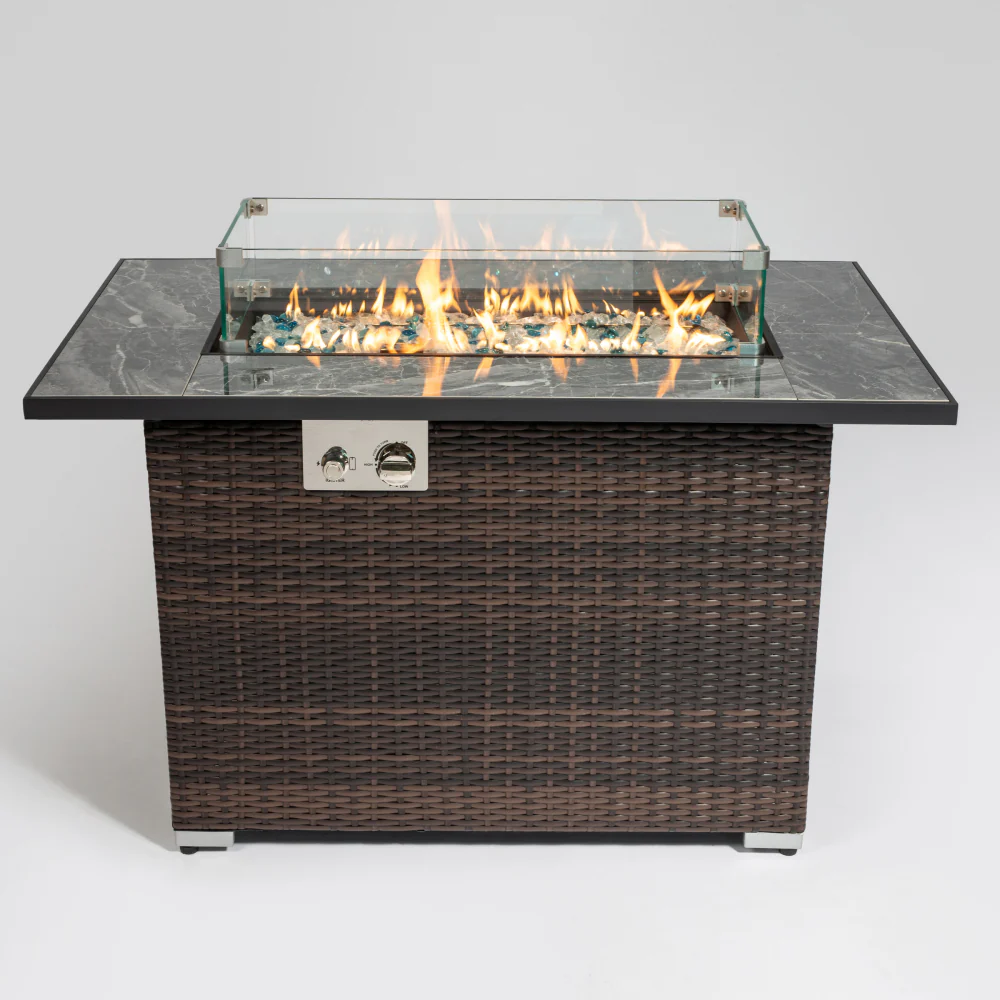 AECOJOY 44 inch Outdoor Propane Fire Pit 50,000 BTU Gas Fire Pit Table with Lid, Glass Wind Guard
