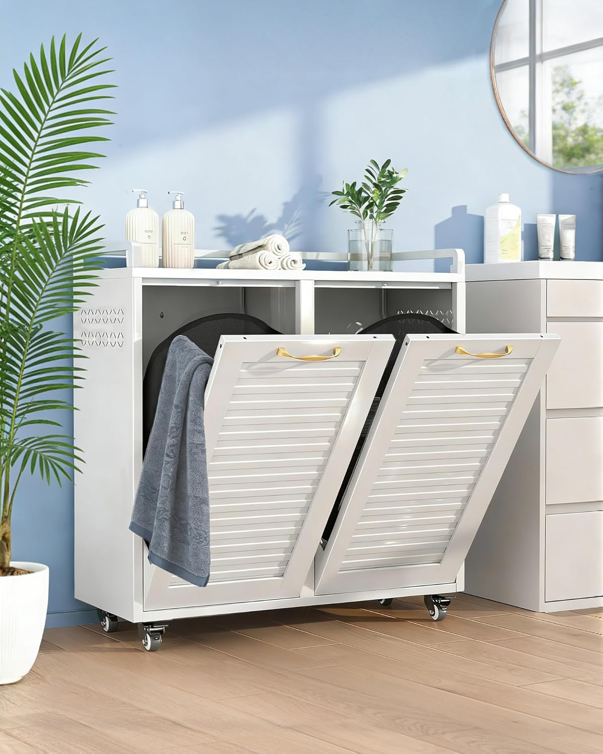 Double Tilt Out Laundry Hamper Cabinet, Locking Caster Metal Frame, Waterproof Rustproof Iron, Space-Saving Hidden Hamper, 33Gal 2-Compartment, Tilt Out Trash Can for Bathroom Family Use