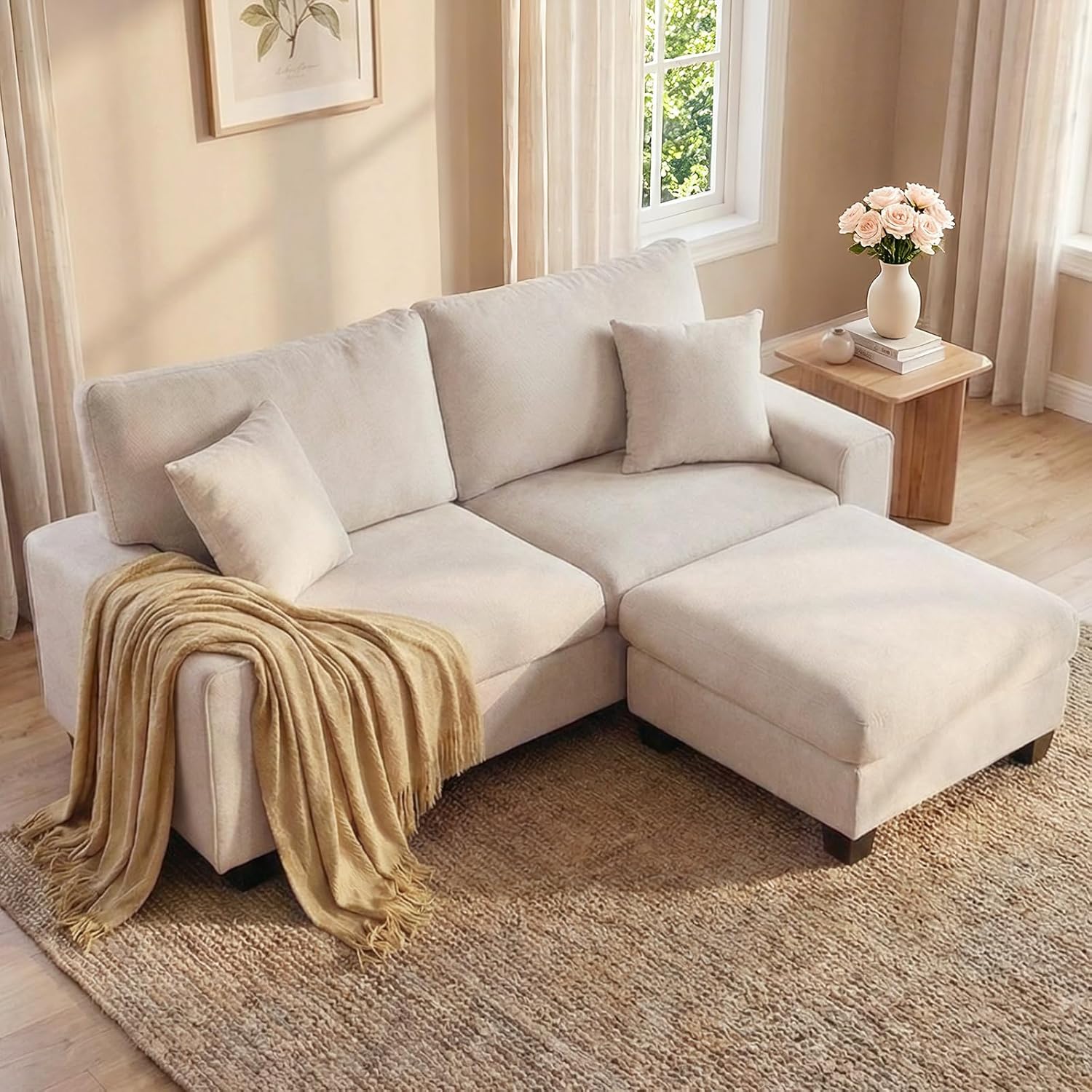 DOPEDIO L-Shaped Sectional Sofa with Storage Ottoman, Modern Chenille Recliner Loveseat, Removable Couch Covers, Pocket Spring Cushions, Solid Wood Frame, Easy to Install (71.25inch, Beige)