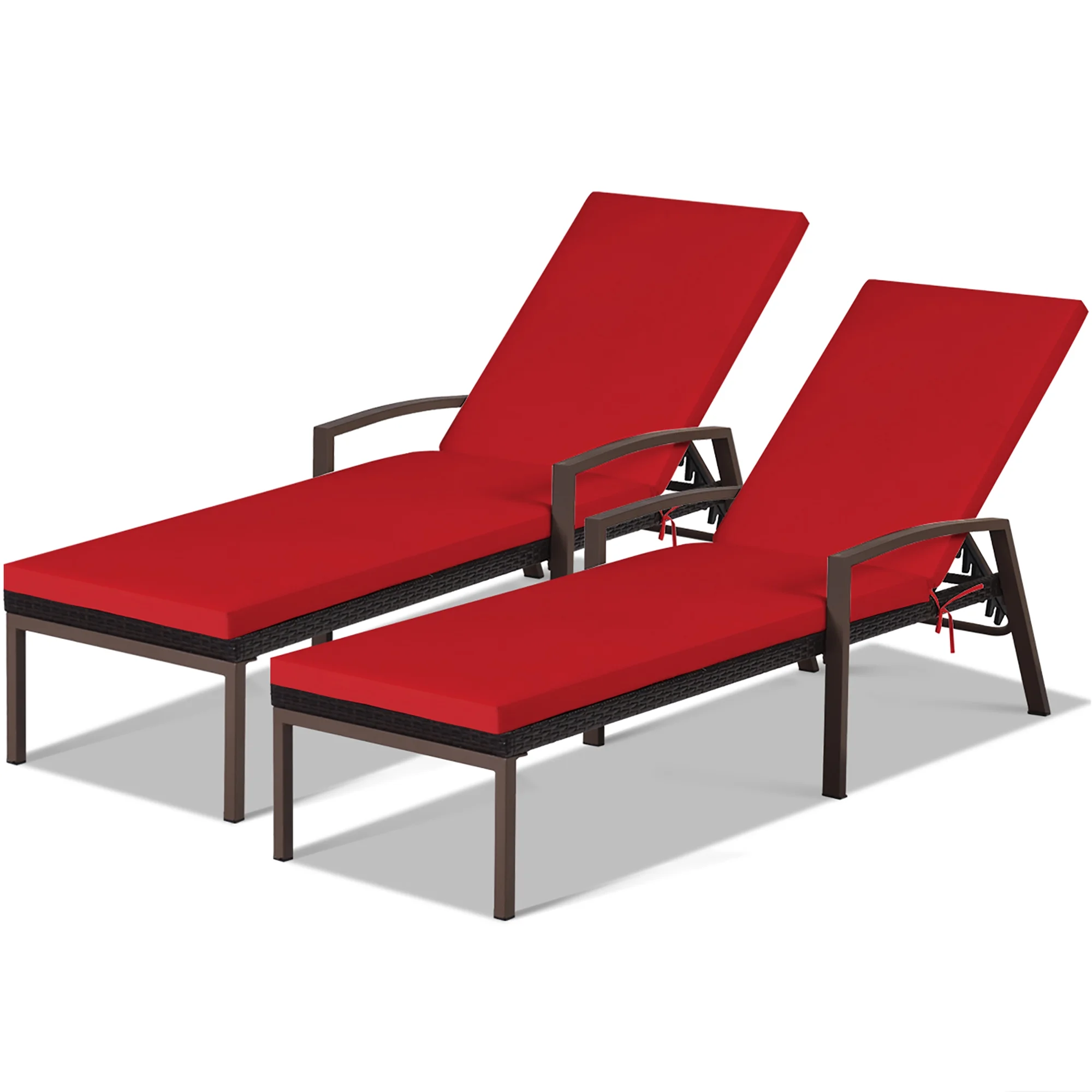 2PCS Patio Rattan Lounge Chair Chaise Recliner Back Adjustable Cushioned Red(Red) - Image 2