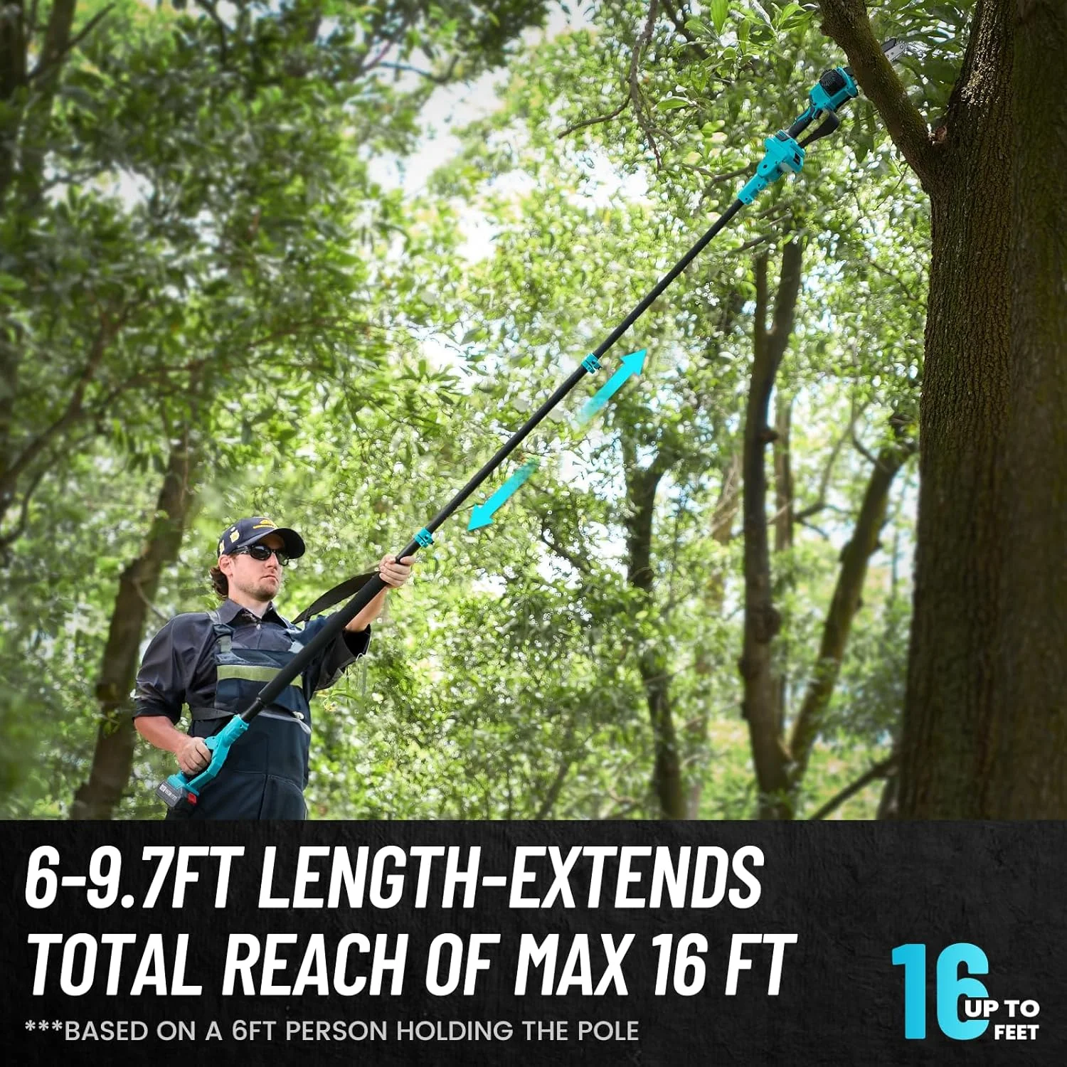 2-in-1 Cordless Pole Saw, 8 Inch Brushless Pole Chainsaws Mini Handheld Chainsaw with 2Pcs 21V Batteries, 2x Chains, Auto Oiler, 16FT MAX Extension Pole Saws for Tree Trimming - Image 4