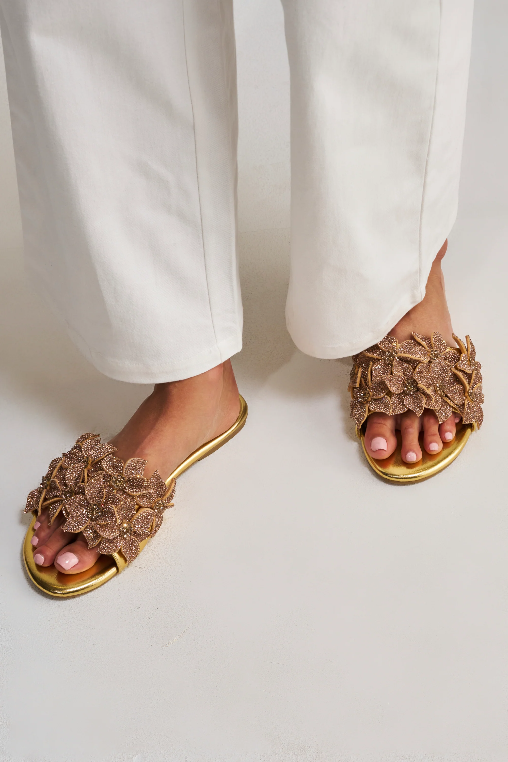 AZALEA WANG YUNA GOLD FLAT GOLD RHINESTONE EMBELLISHED SLIP ON SANDAL - Akira Store