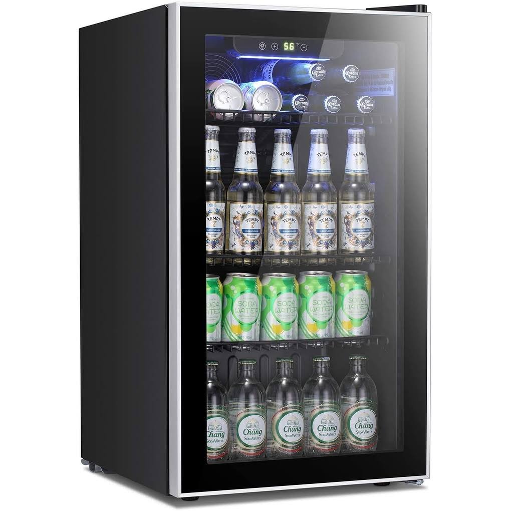 Beverage Refrigerator Cooler - 120 Can Mini Fridge Glass Door - 3.2Cu.Ft - Black