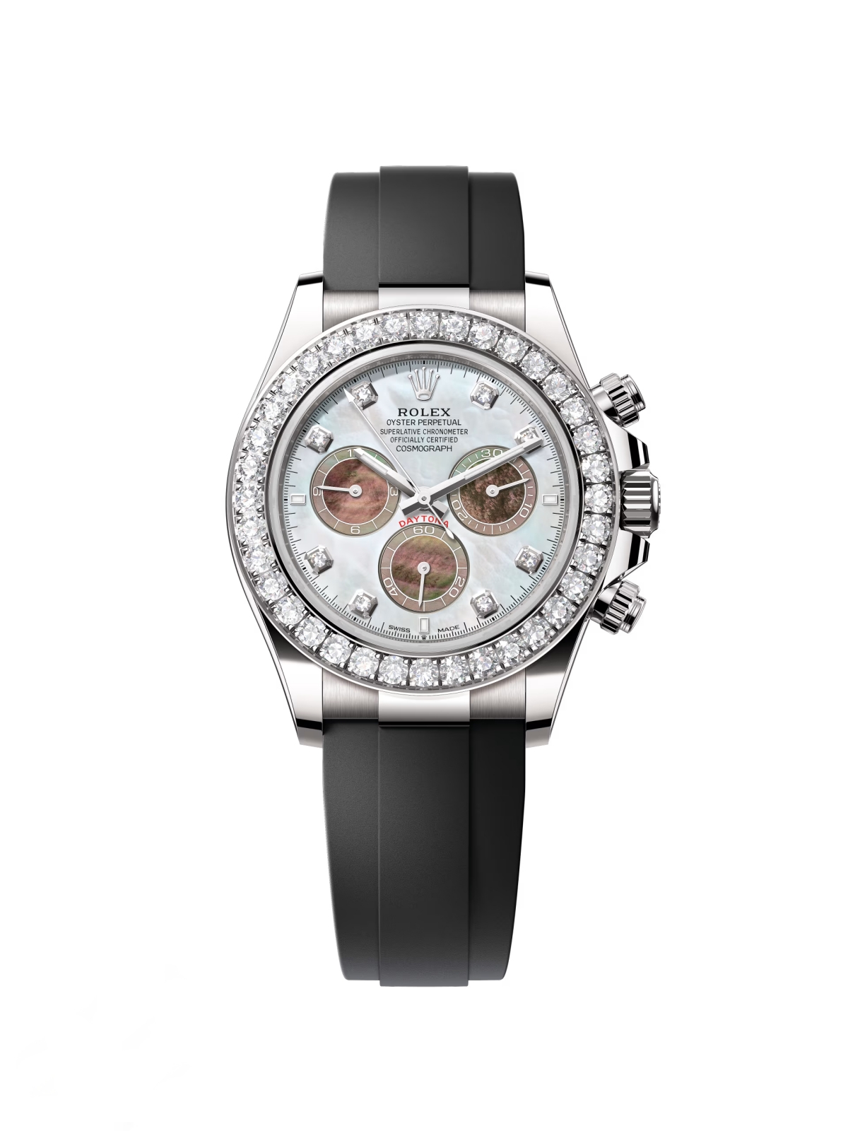 [Super Clone]Rolex Cosmograph Daytona 40mm White Gold Mother of Pearl Dial Diamond Bezel Oysterflex - 126589RBR