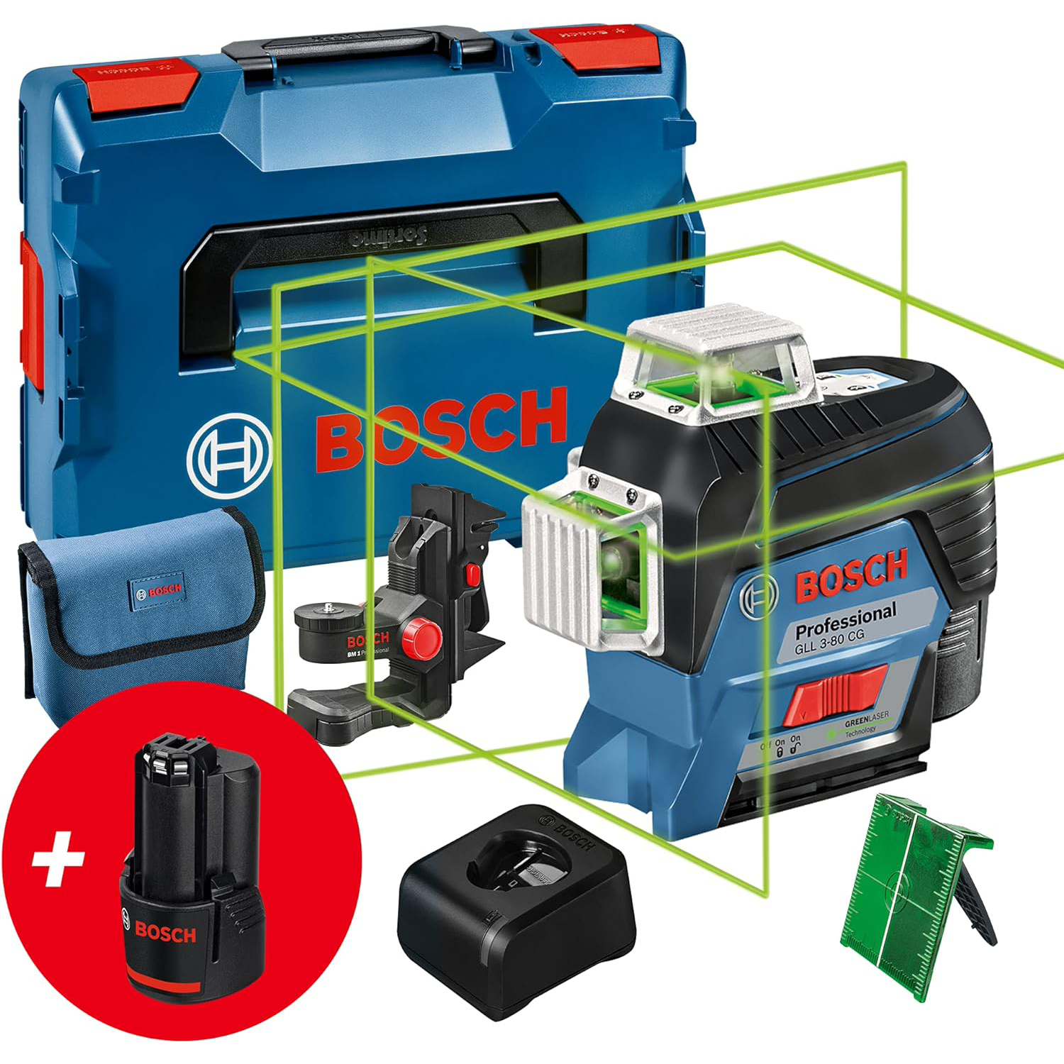 Bosch Professional 12V System Laser Lignes GLL 3-80 CG – Ensemble Exclusif & Cellule de Réception LR 7 (Faisceau Rouge et Vert, 2 Piles 1,5 V AAA, Portée : 5-50 m, Housse de Protection)