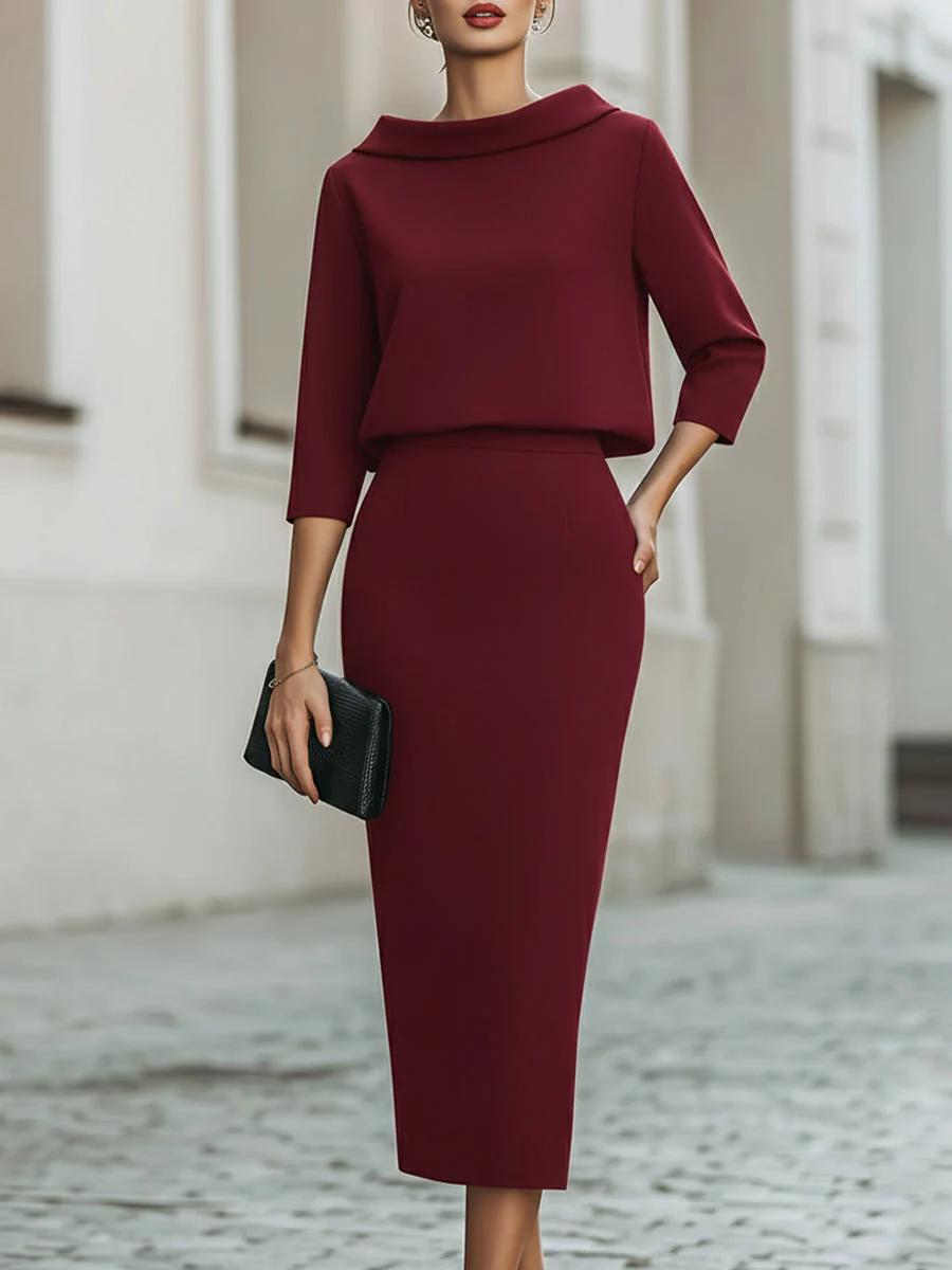Ensemble Haut Col Bateau et Jupe Midi pour Femme