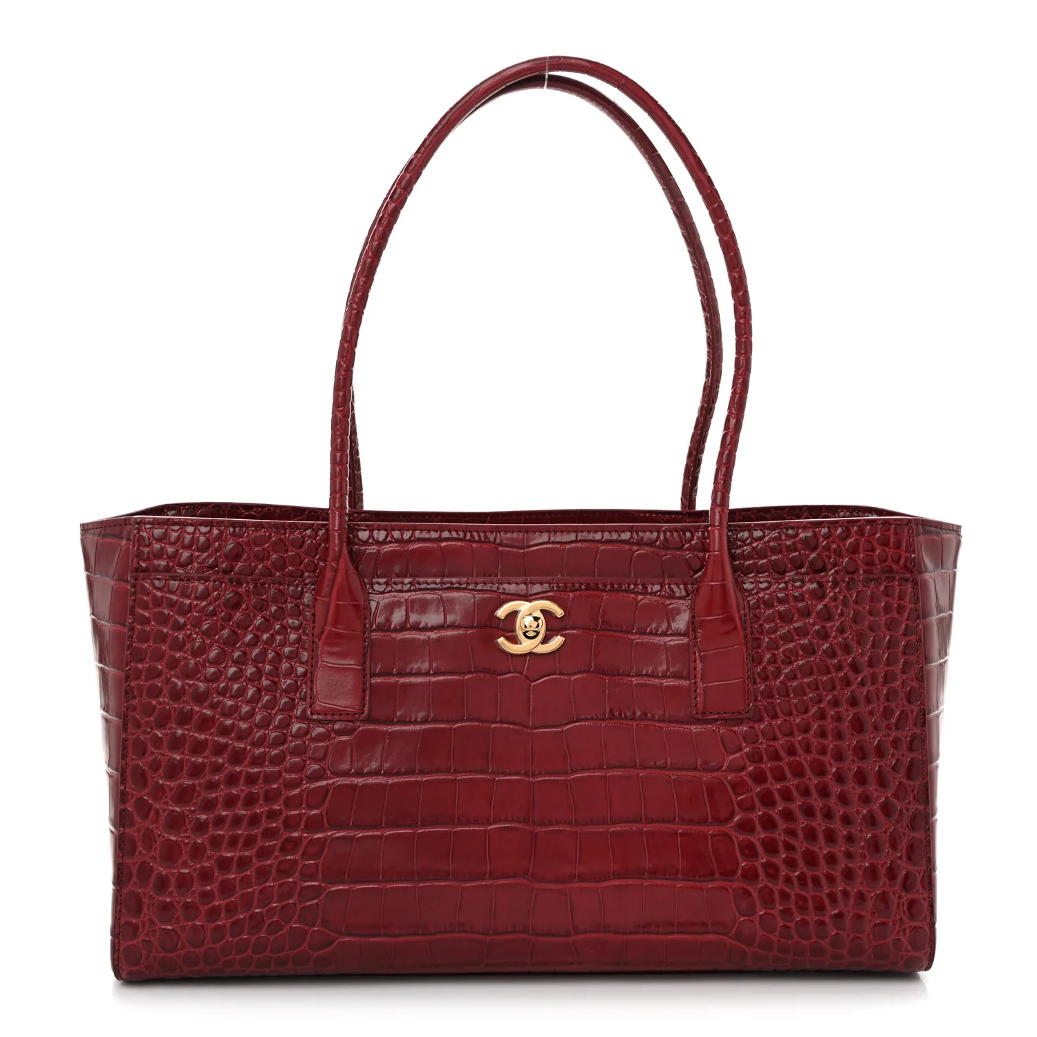 Calfskin Crocodile Embossed Archetype Small Shopper Tote Burgundy