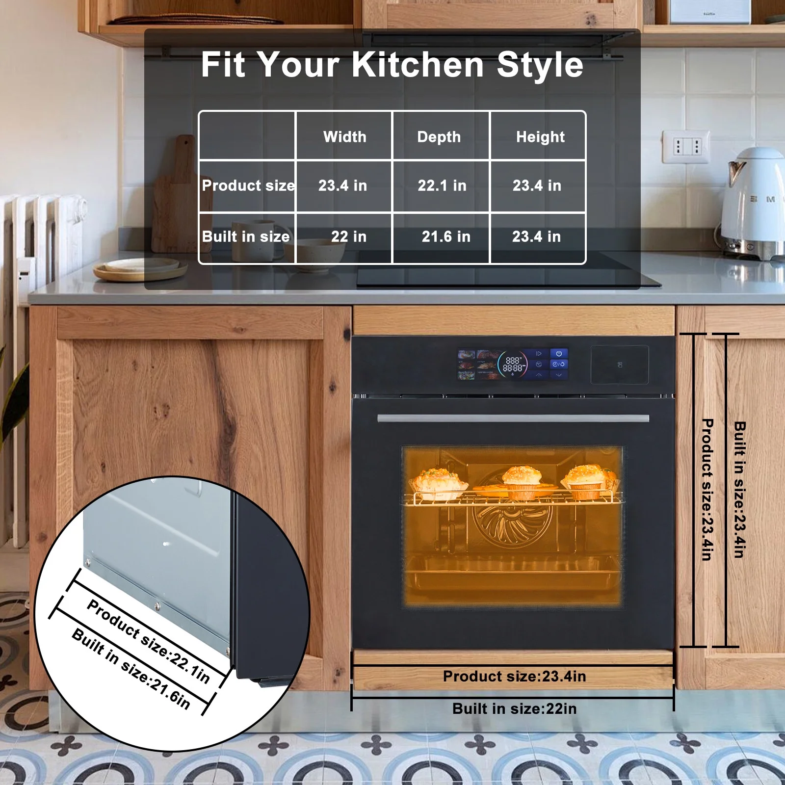 24" Single Wall Oven with 108 Smart Menu 8 Baking Modes,3000W 2.5 CF Convection Oven with Steam Air Fry Function,Stainless Steel,Touch Control Colorful LED Screen(With Colour LED Screen) - Image 8